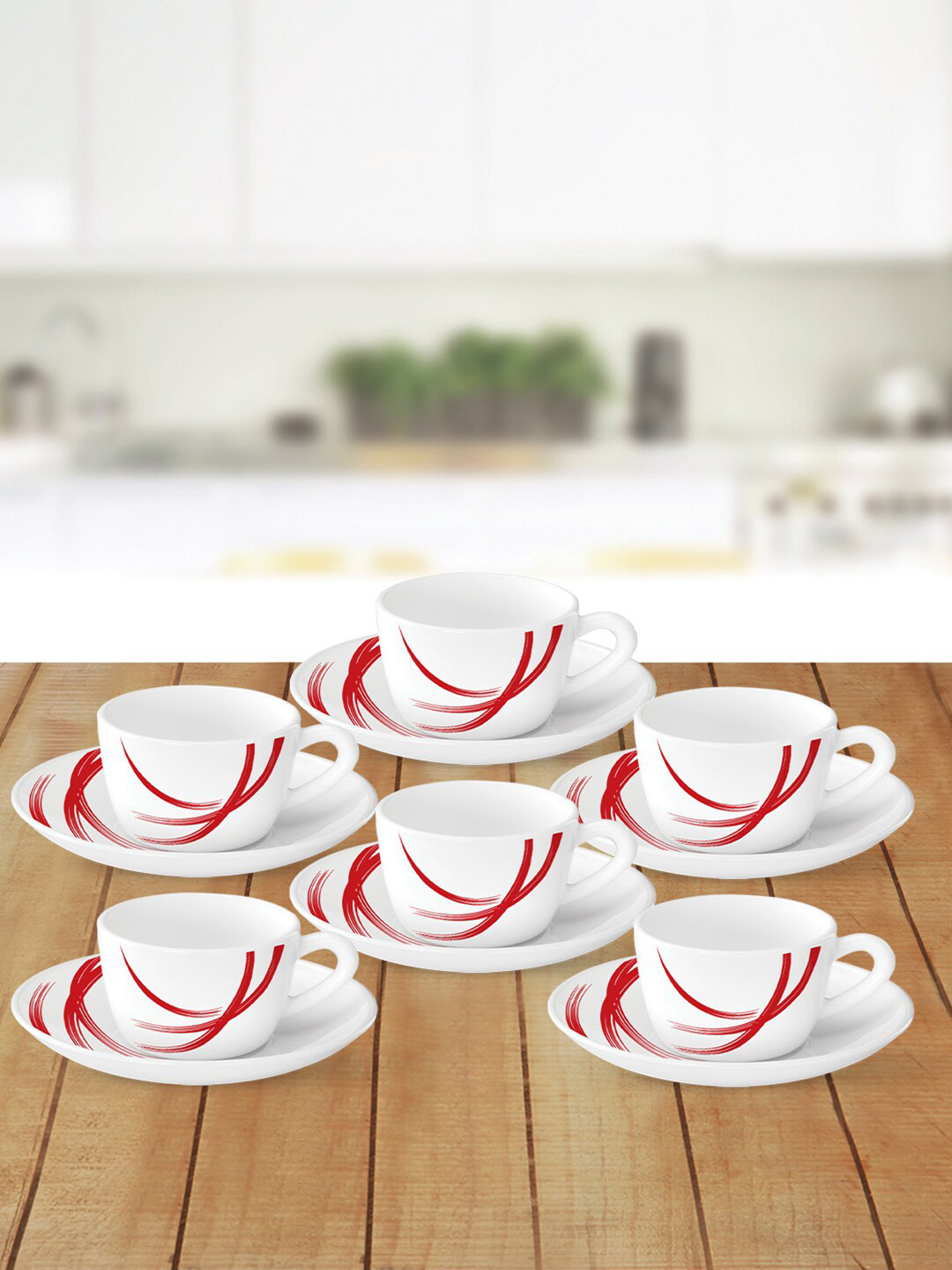 Larah by BOROSIL White & Red Printed Opalware Glossy Cups and Saucers Set of Cups and Mugs