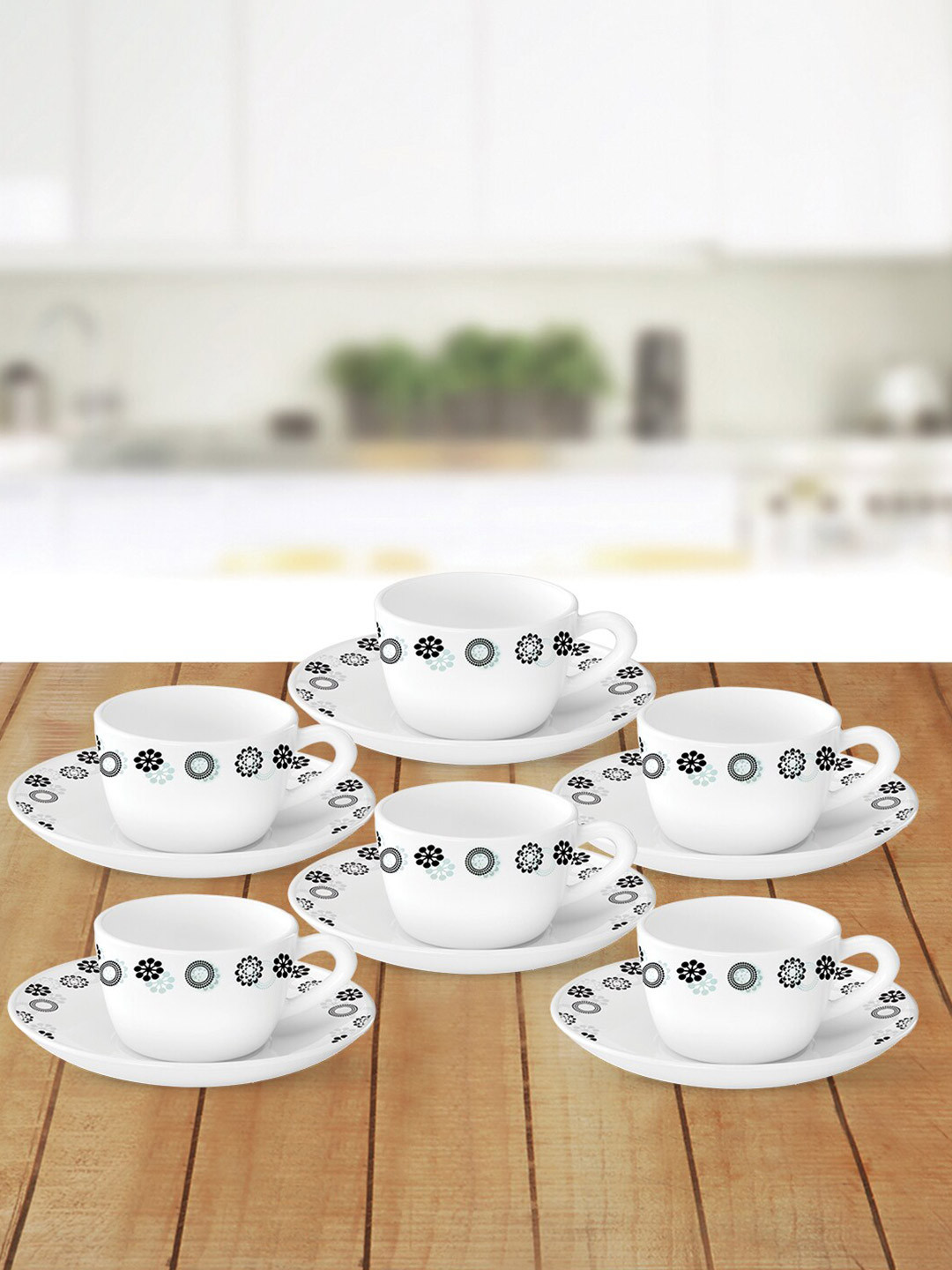 Larah by BOROSIL Set of 6 White & Black Printed Opalware Glossy Cups and Saucers