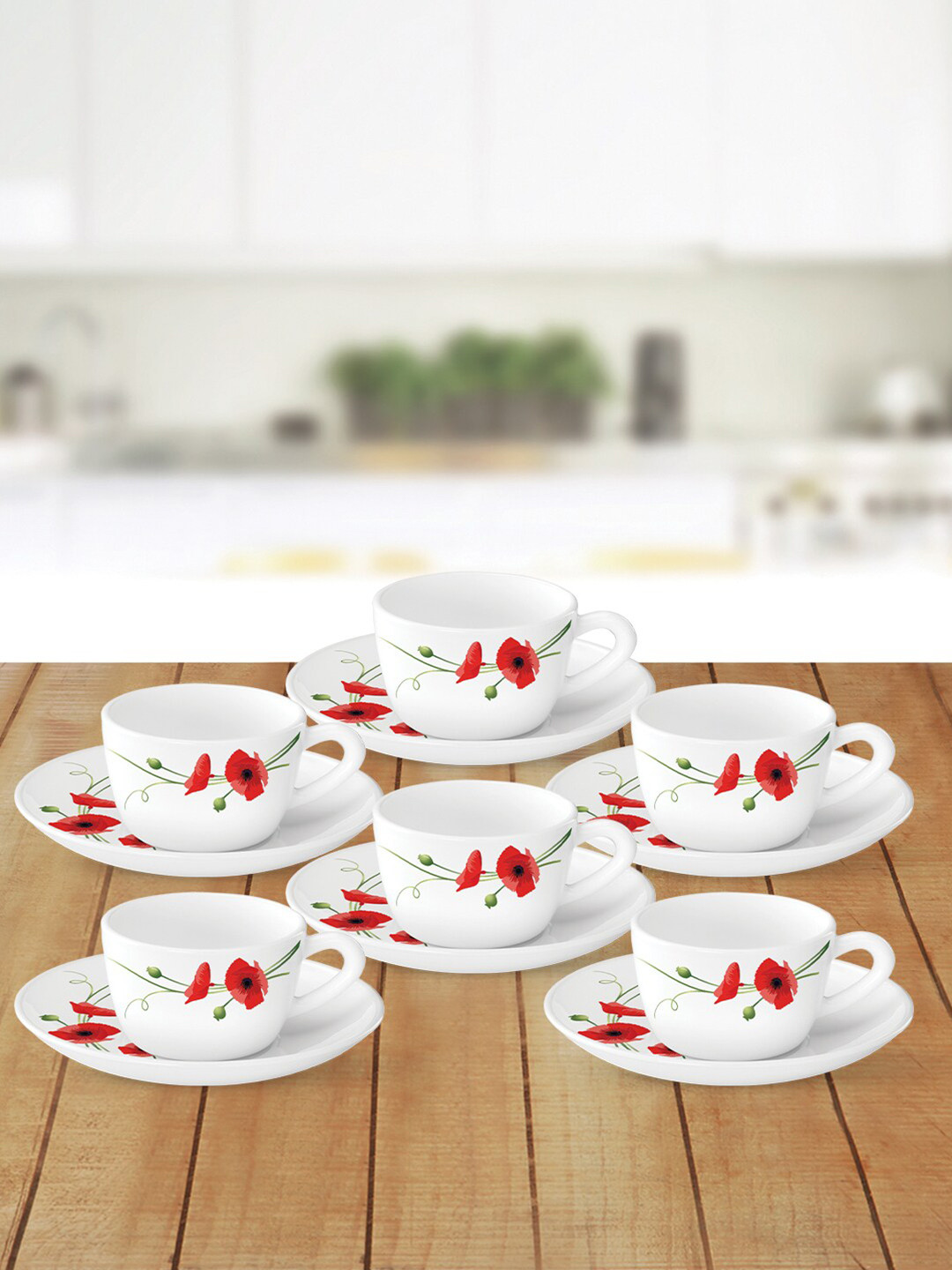 Larah by BOROSIL White & Red Printed Opalware Glossy Cups and Saucers Set of Cups and Mugs