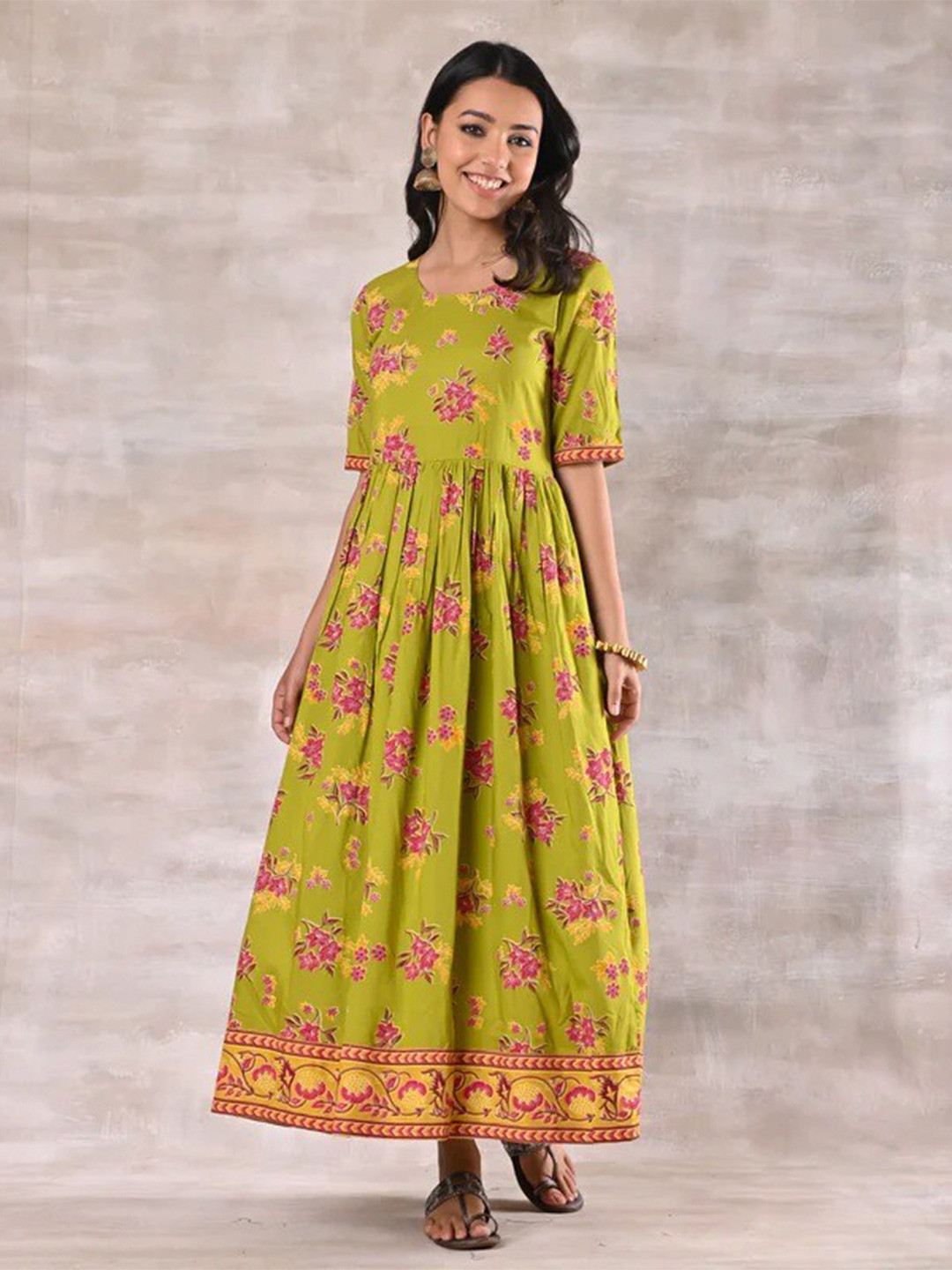 Rustorange Olive Green Floral Rayon Maxi Dress