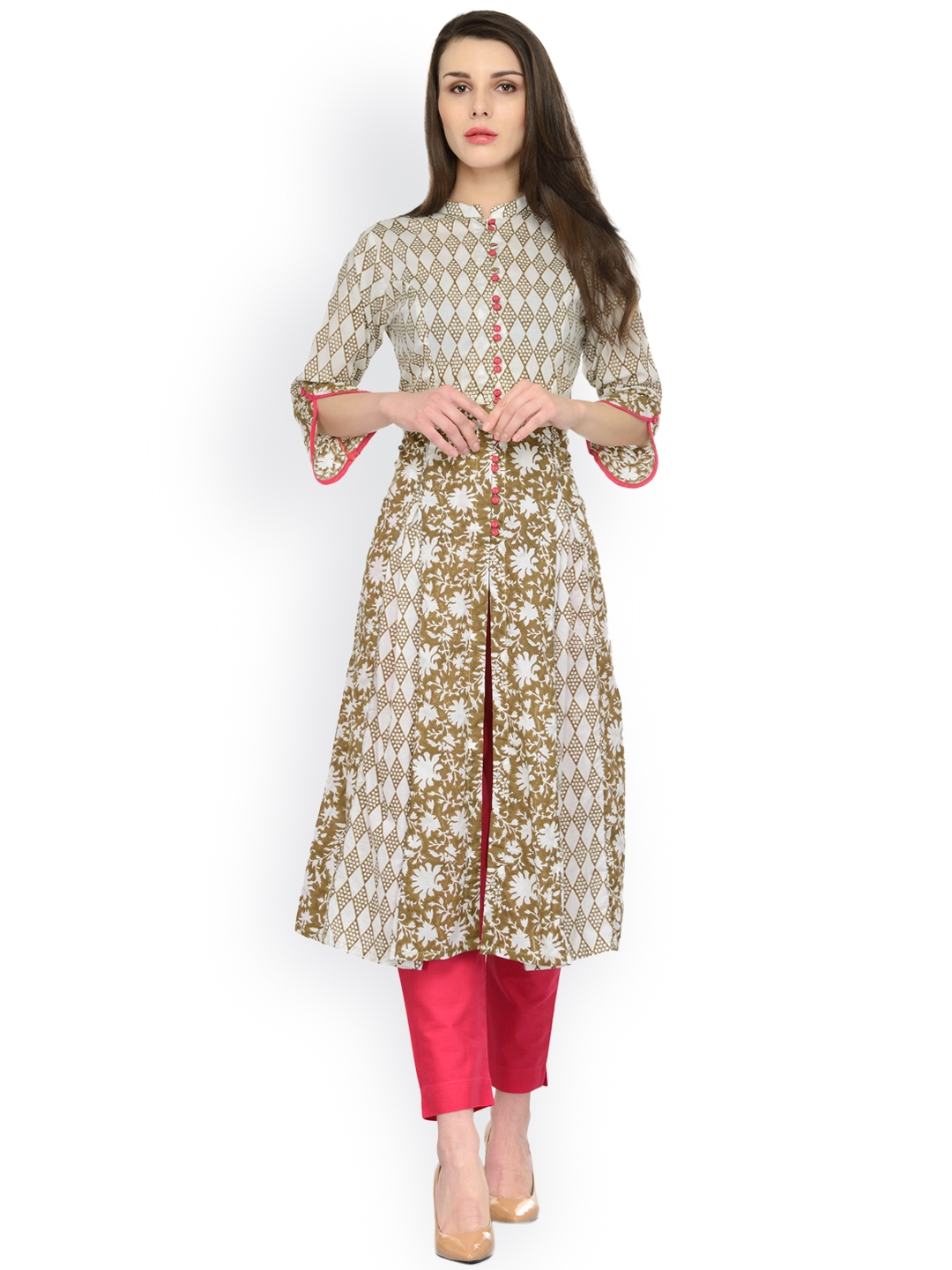 Tulsattva Women Olive Green Off White Printed A Line Kurta Tulsattva Women Olive Green Off White Printed A Line Kurta