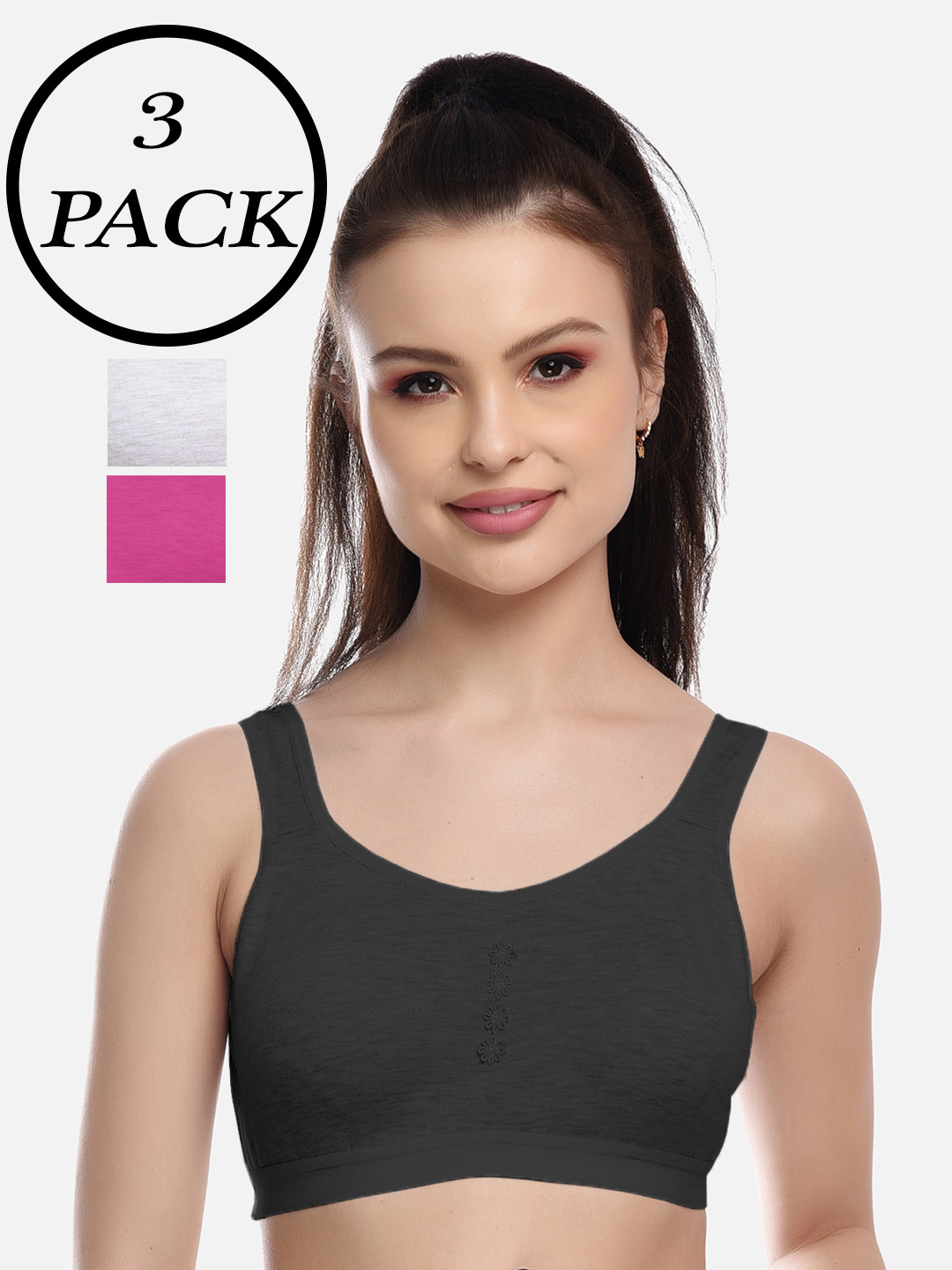 FIMS Black & White Pack of 3 Non Padded Non Wired Super Support Sports Bra