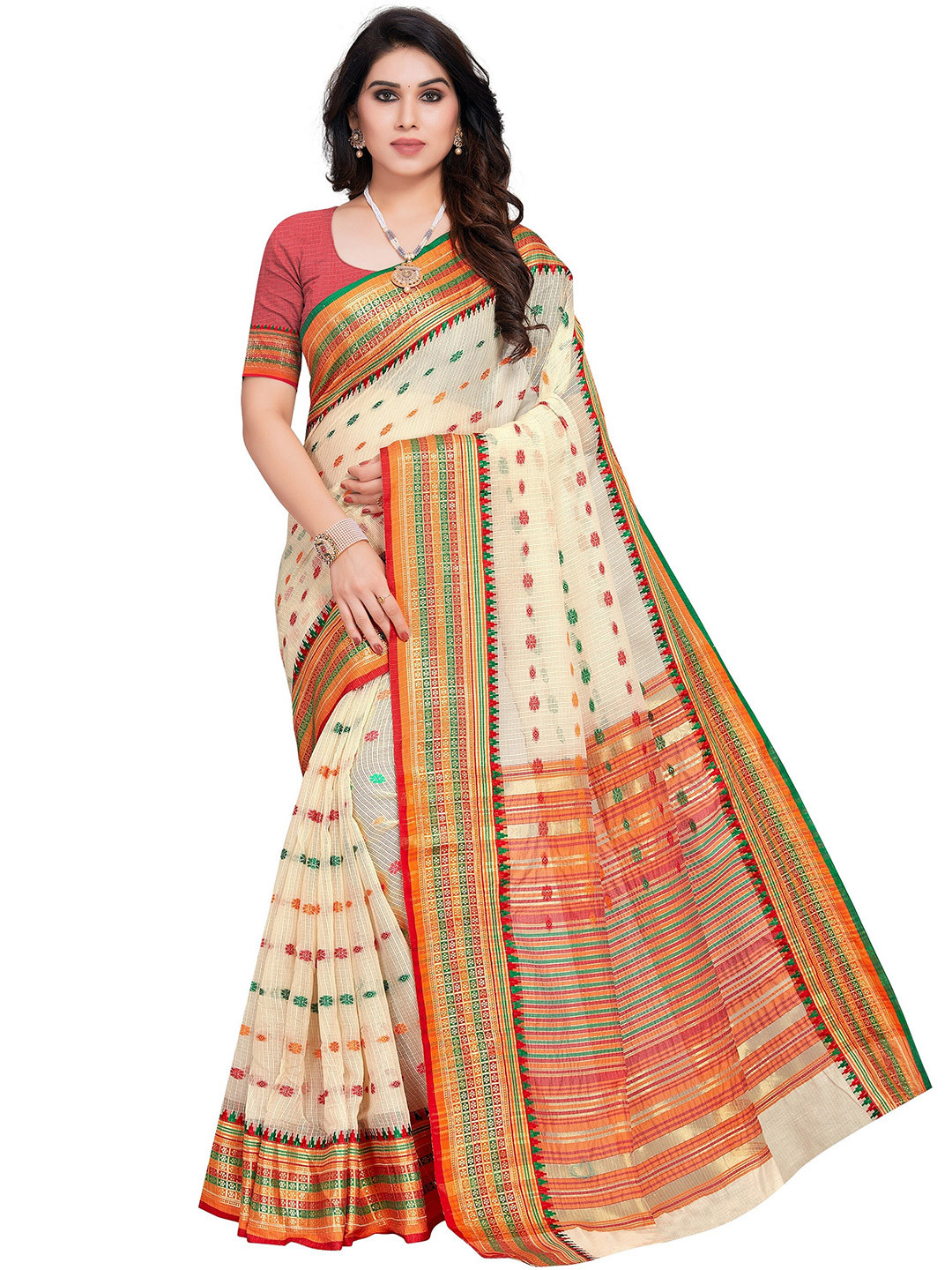 Sidhidata Cream-Coloured & Red Woven Design Zari Kota Saree
