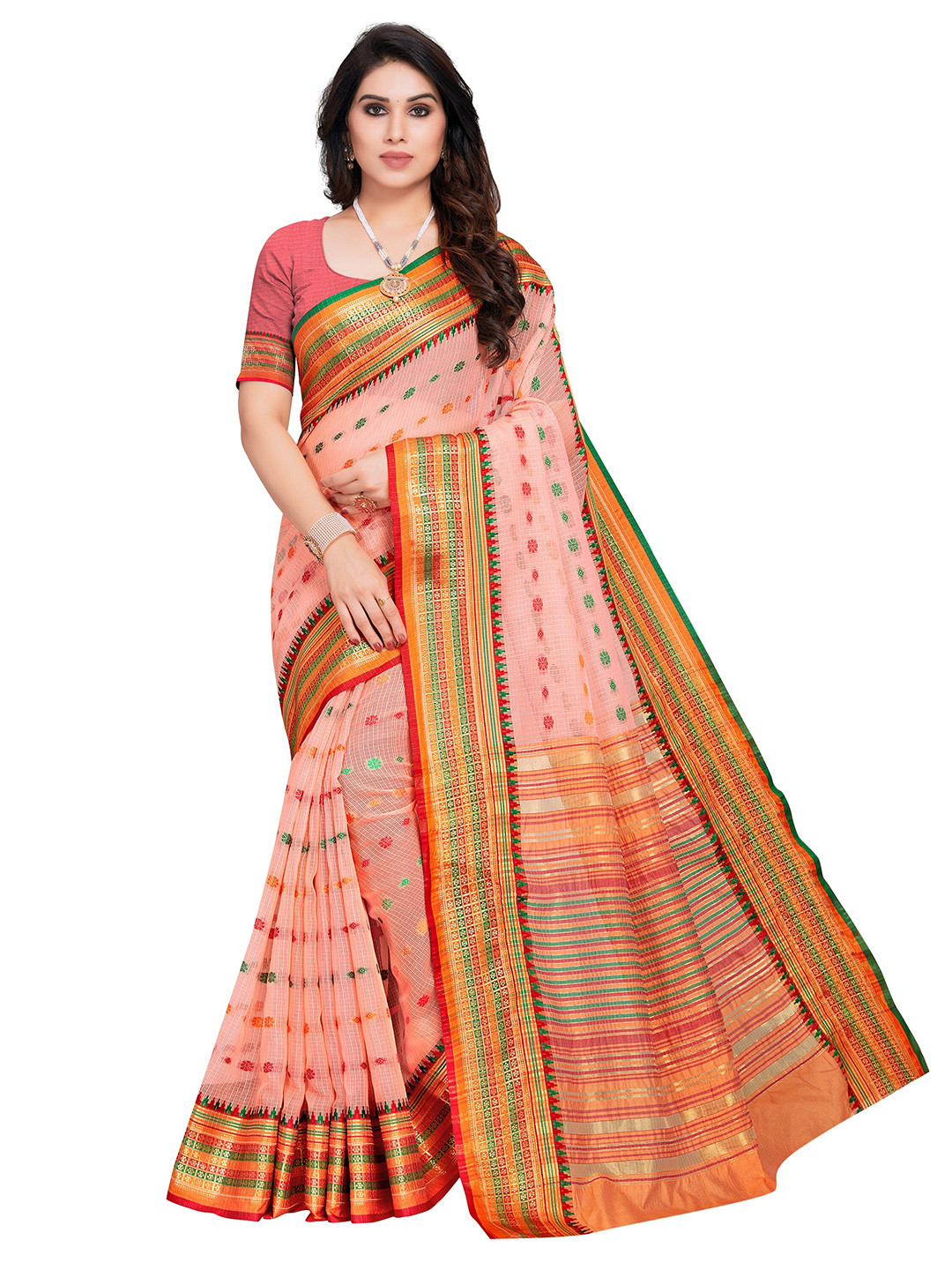 Sidhidata Peach-Coloured & Orange Woven Design Zari Kota Saree