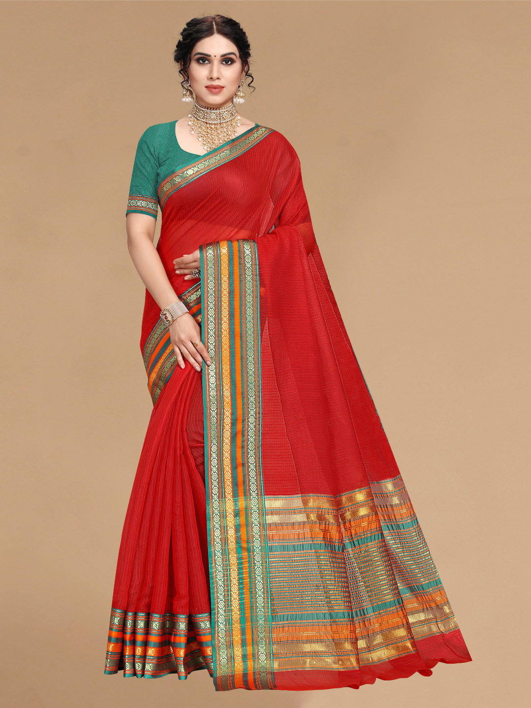 Sidhidata Red & Green Woven Design Zari Kota Saree