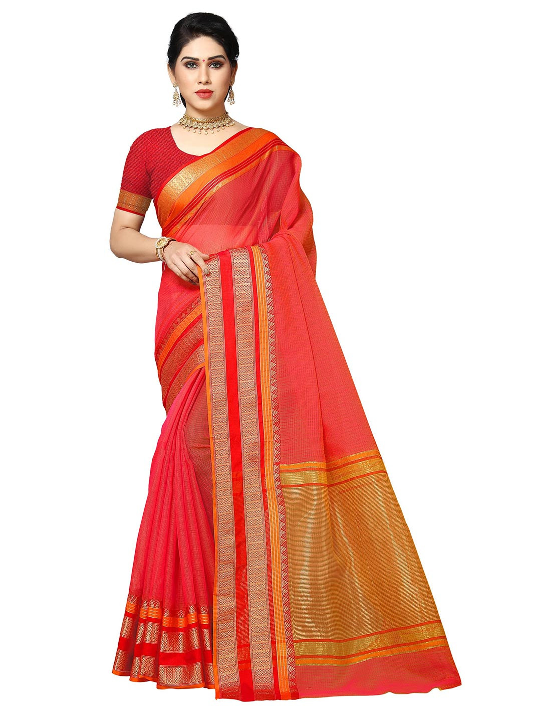Sidhidata Orange & Gold-Toned Woven Design Zari Kota Saree