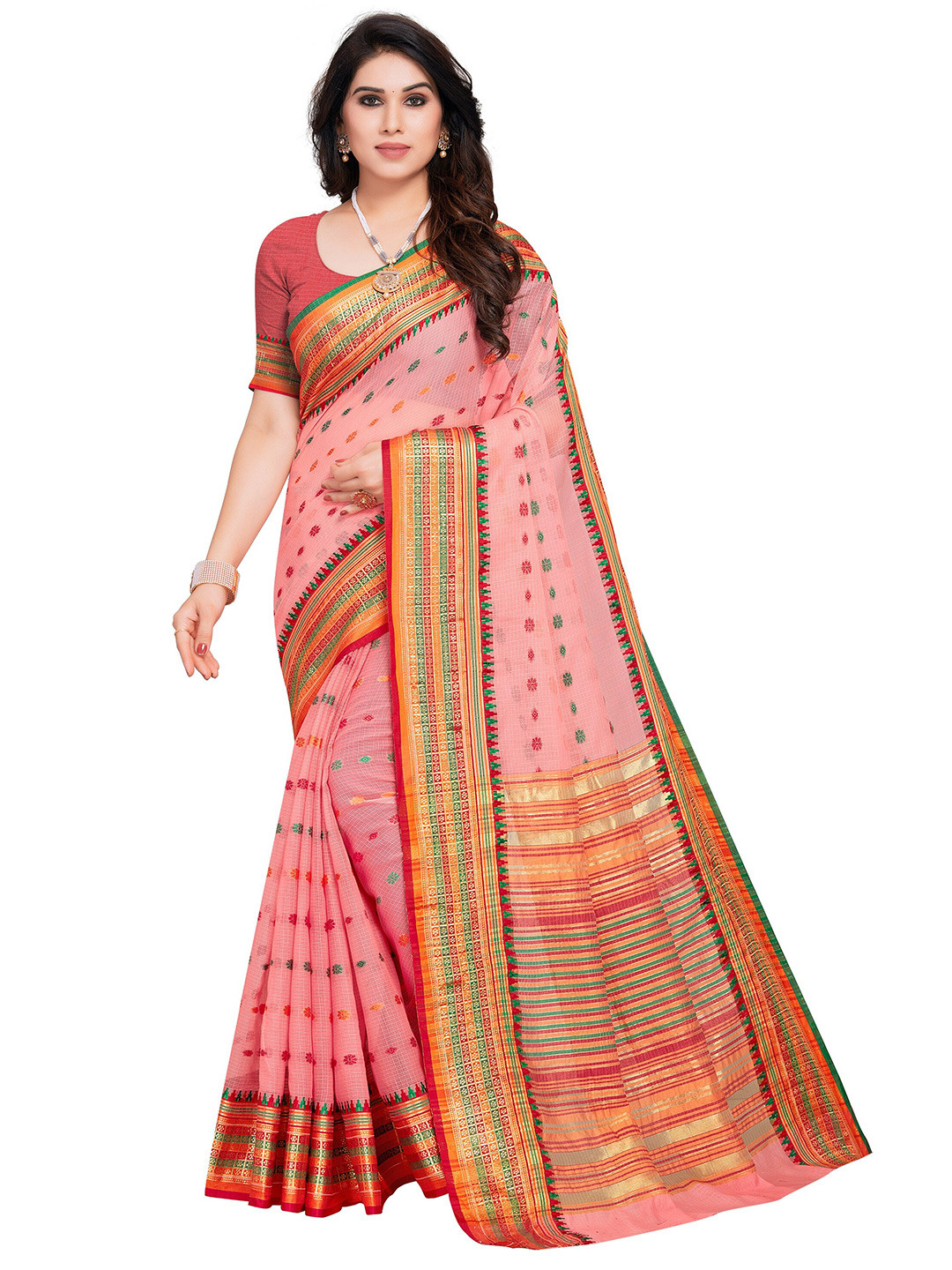 Sidhidata Pink & Maroon Woven Design Zari Kota Saree