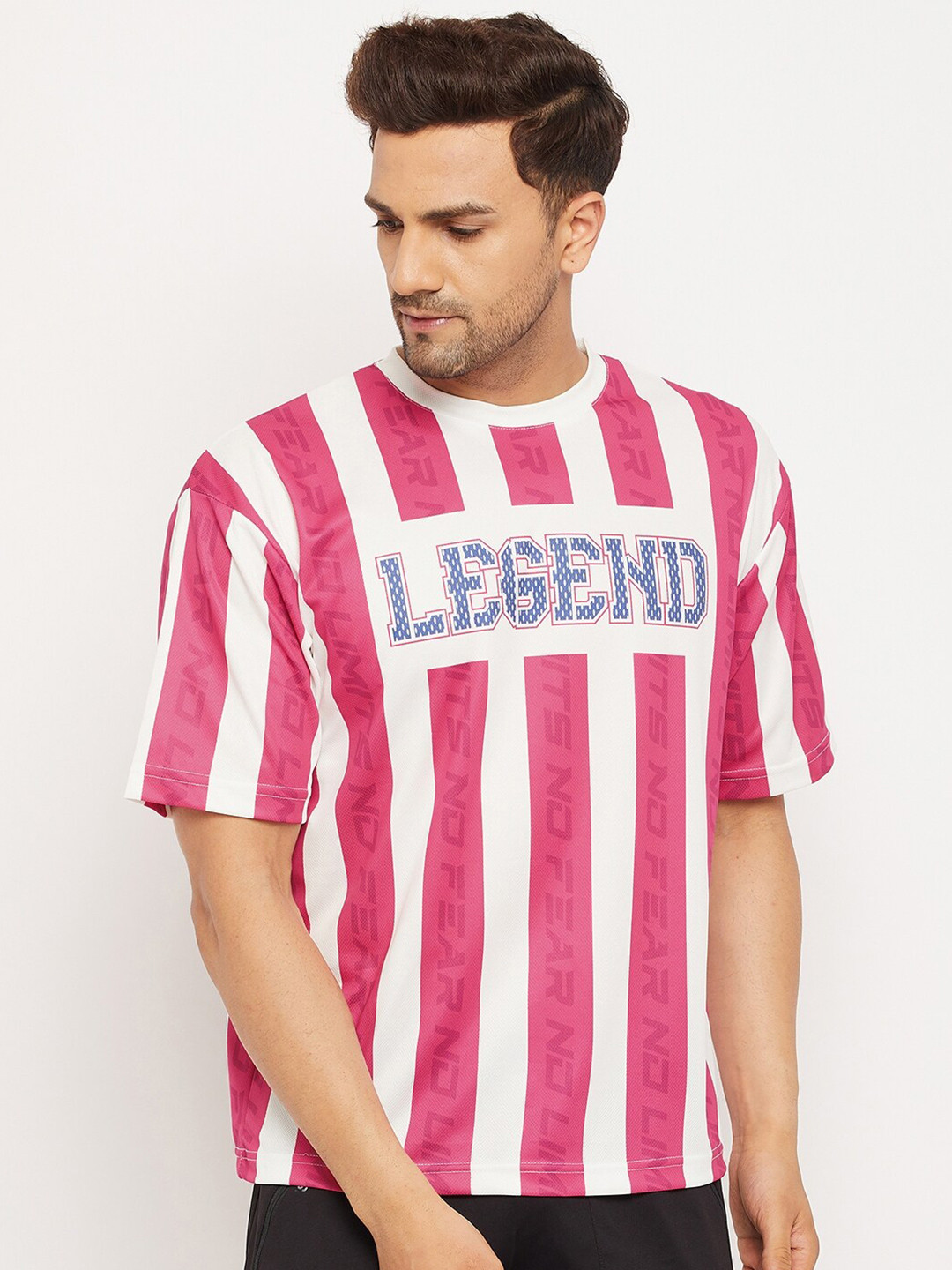 ATHLISIS Men Pink Striped Bio Finish Raw Edge Oversized  Pure Cotton T-shirt