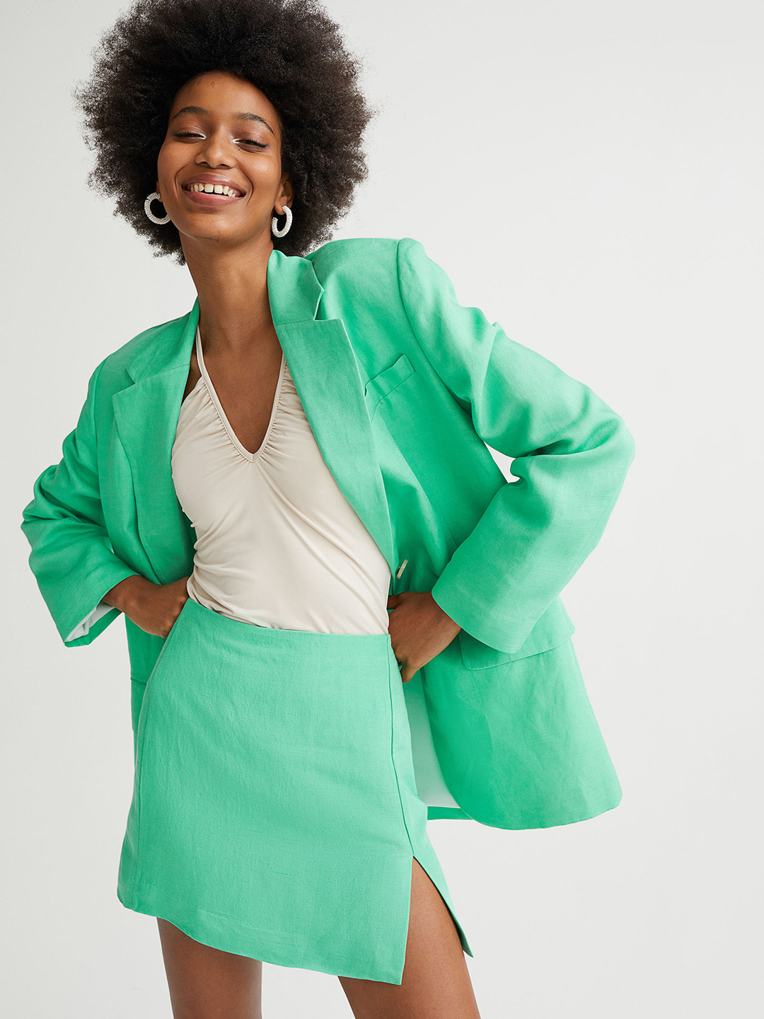 H&M Women Green Short Linen-Blend Skirt