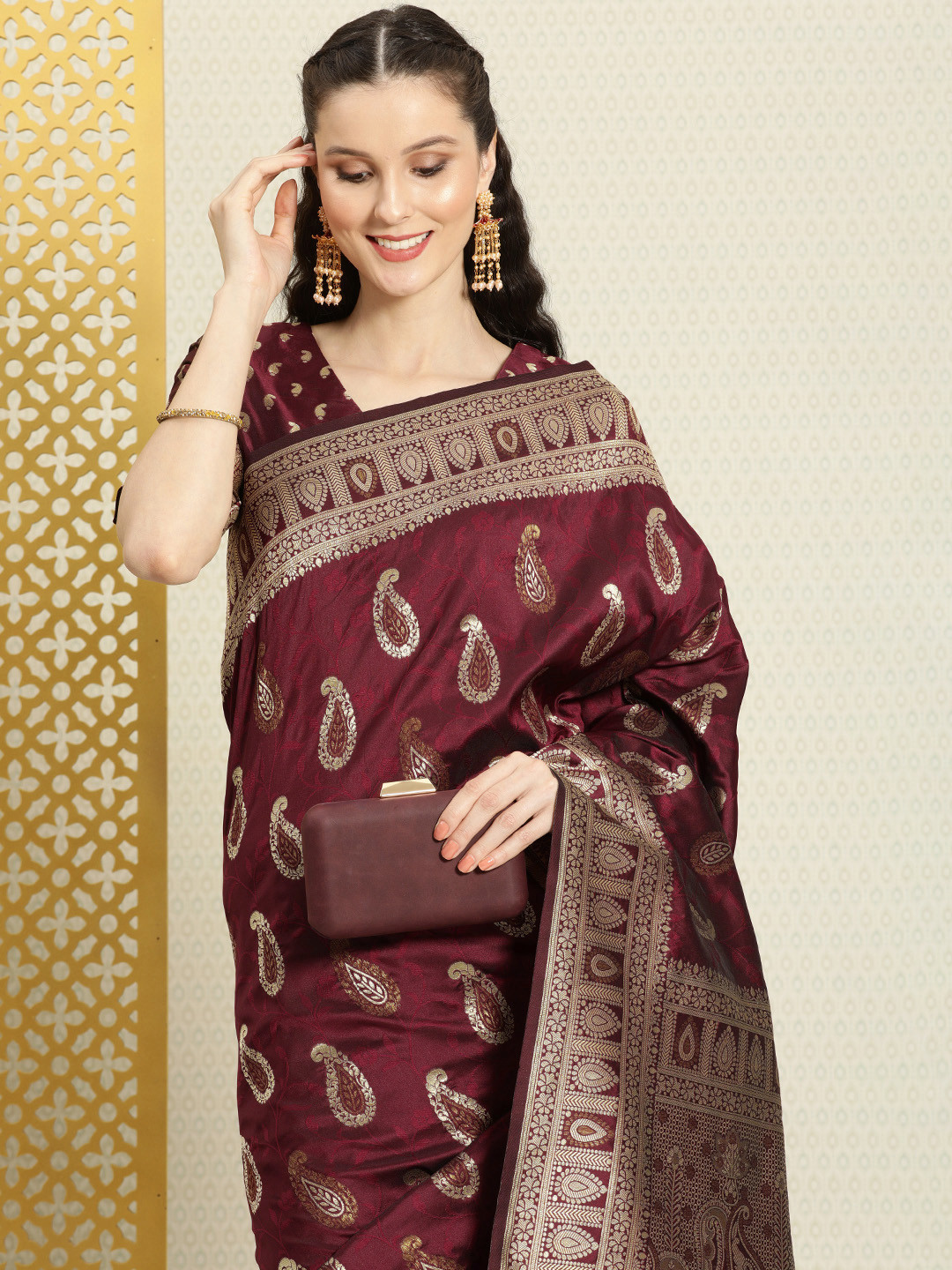 House of Pataudi Maroon & Golden Ethnic Motif Zari Woven Silk Blend Saree