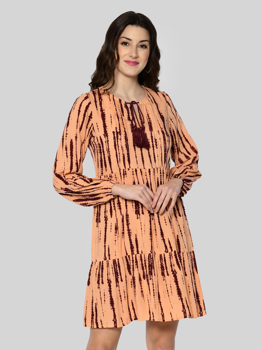 Fuchsia  Maroon & Peach-Coloured Printed Tie-Up Neck Tiered Dress