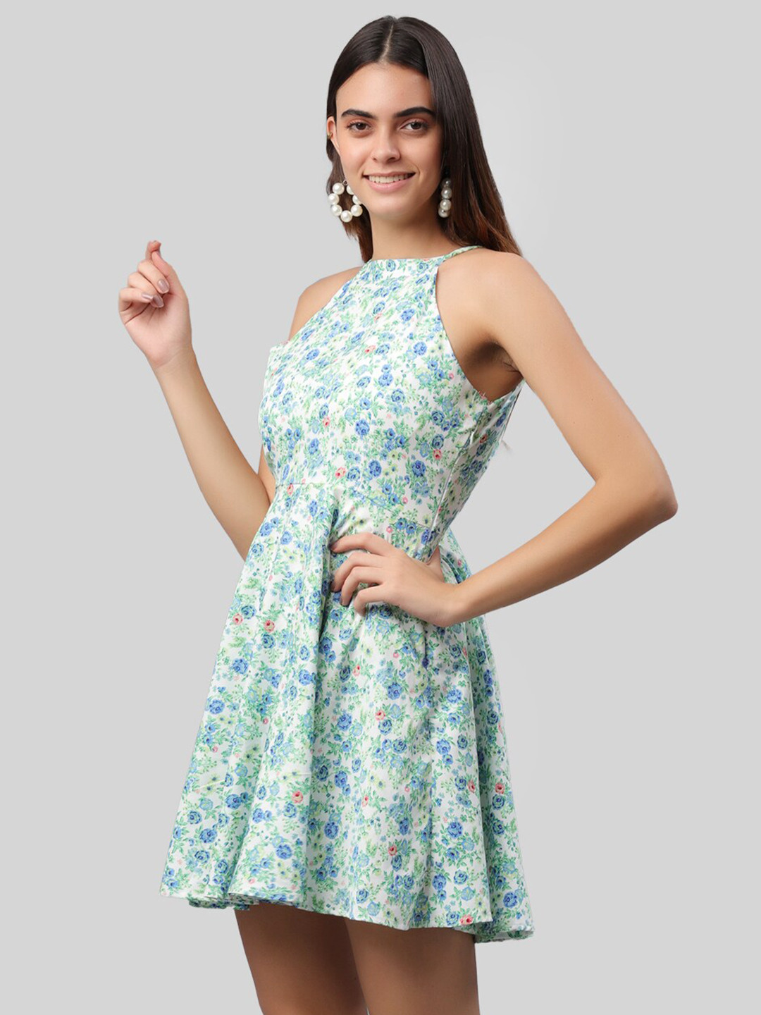 Fuchsia  White & Green Floral Halter Neck Dress