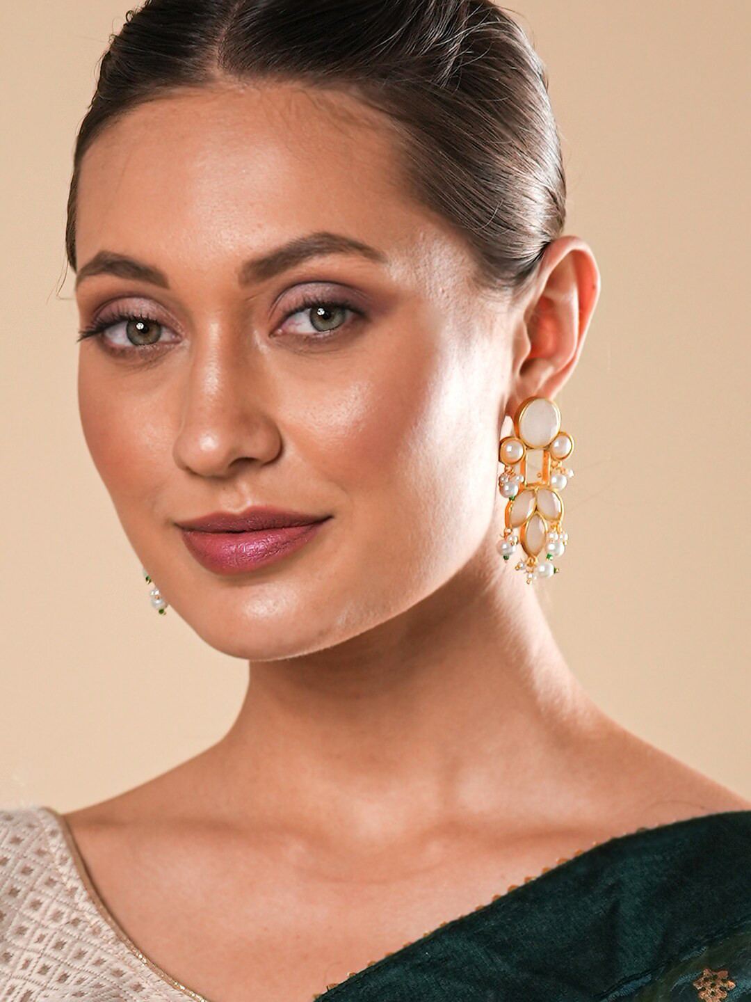 Yellow Chimes White & Gold-Plated Kundan Studded Contemporary Drop Ethnic Earrings