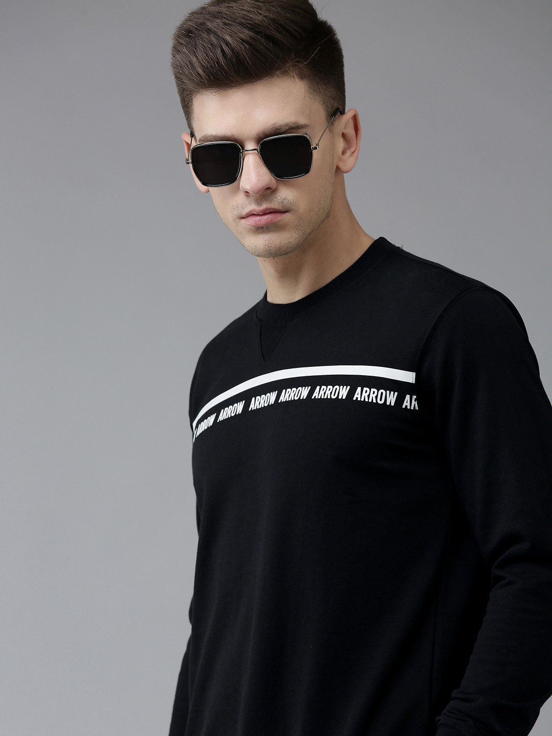 Arrow Men Black Brand Logo Print & Striped Sweatshirt