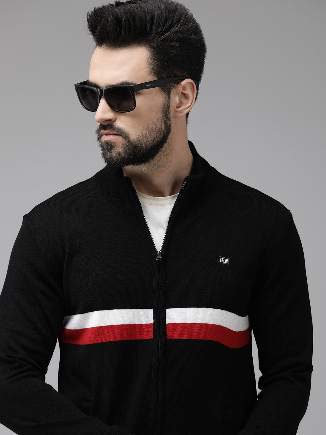 Arrow Men Black & White Striped Cardigan