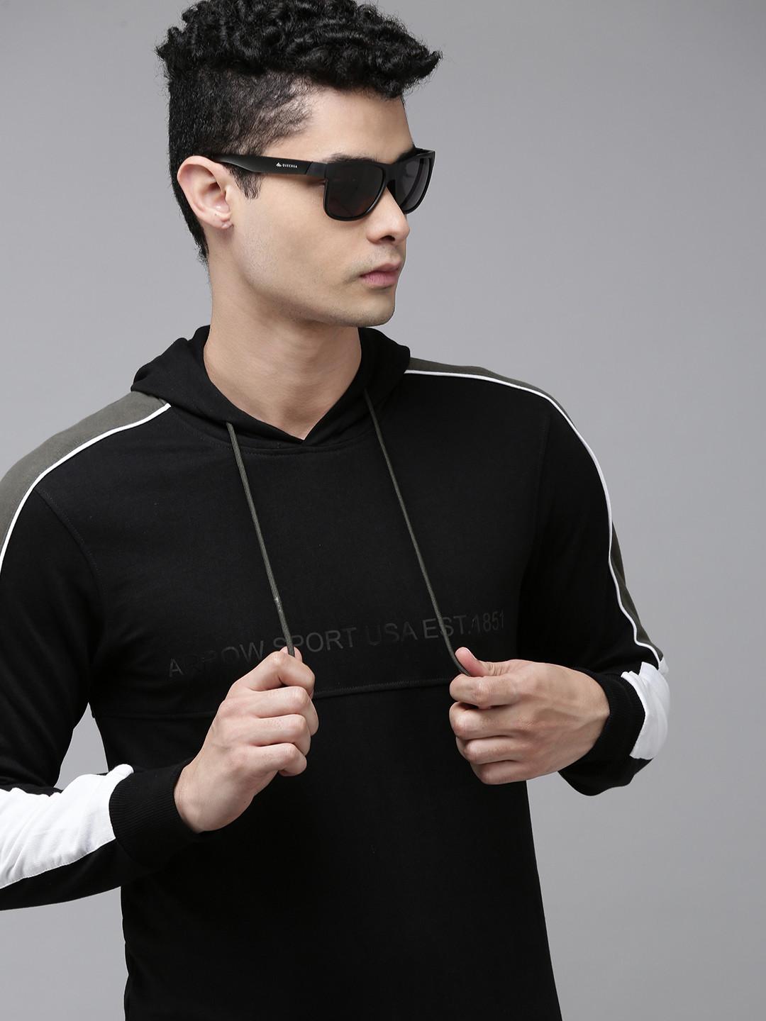 Arrow Men Navy Blue Side Striped Hooded Sweatshirt