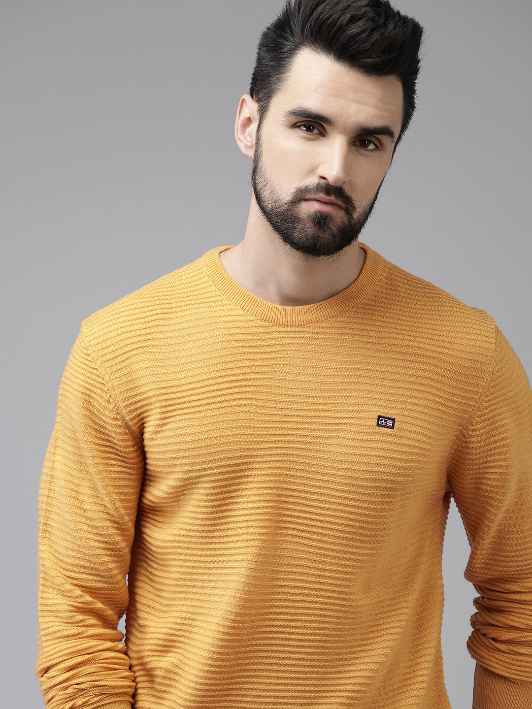 Arrow Men Yellow Striped Self Design Acrylic Pullover