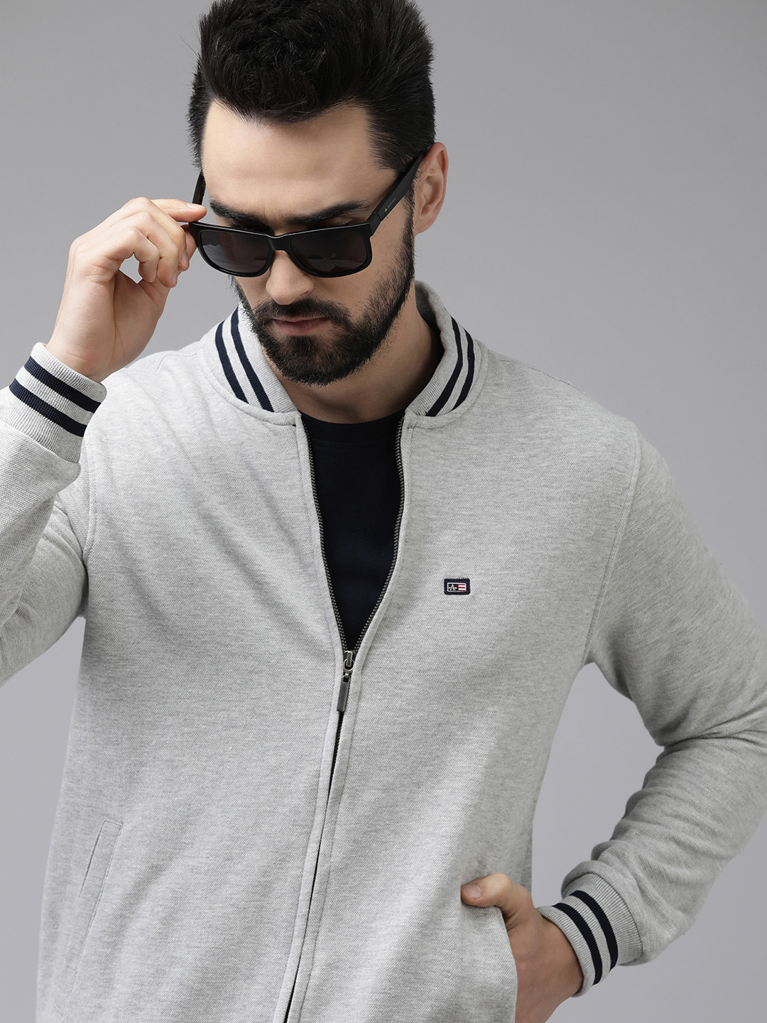 Arrow Men Grey Melange Solid Bomber Jacket