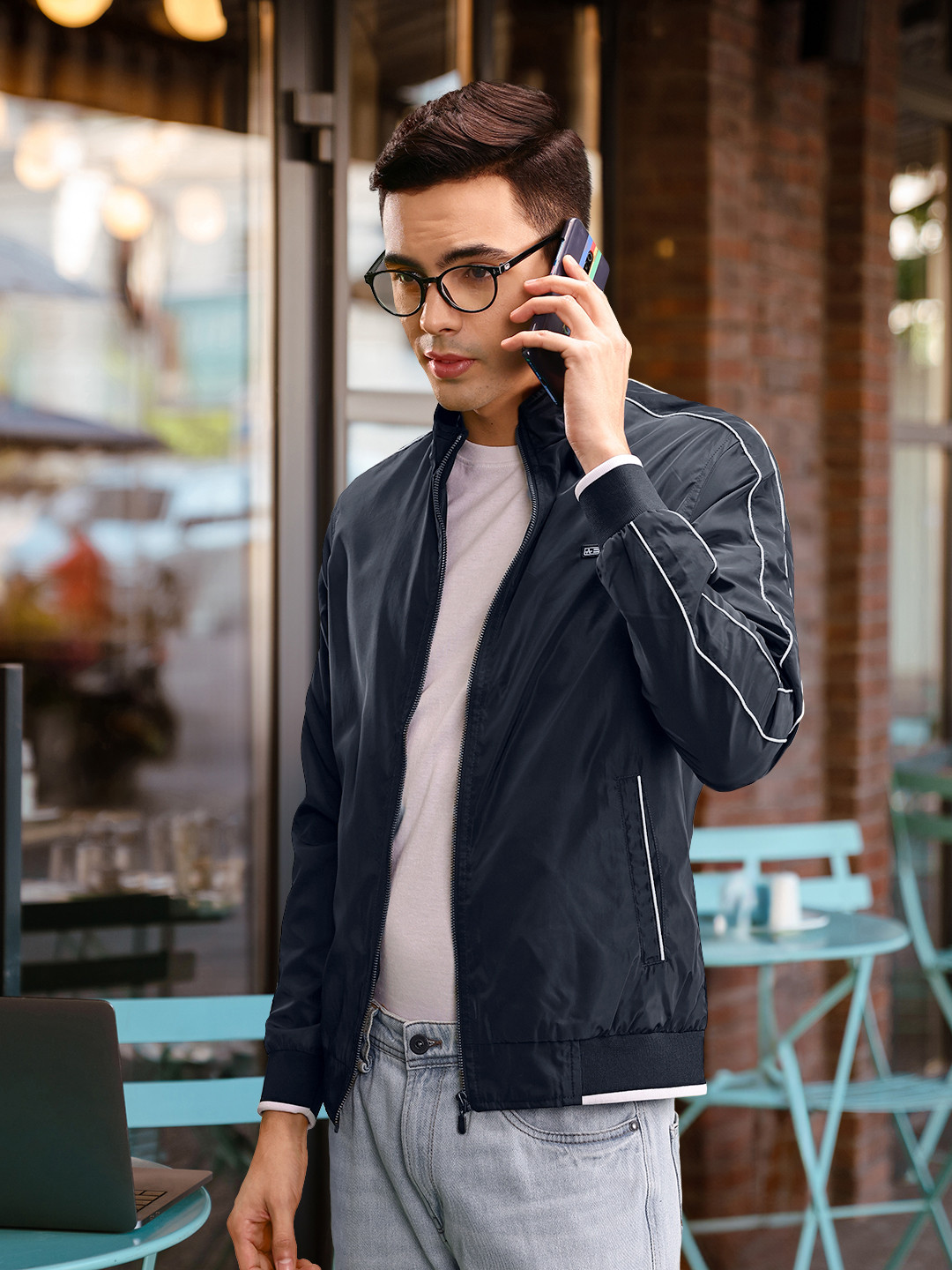 Arrow Men Navy Blue Solid Mock-Collar Bomber Jacket