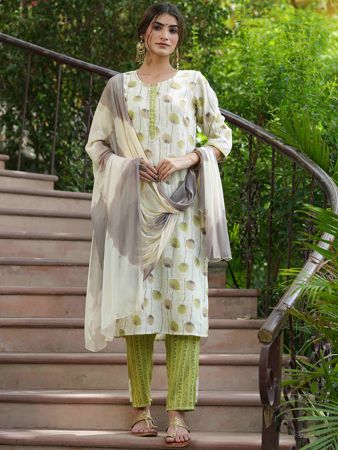 Juniper Green Rayon Casual Wear Printed Straight Kurta Pant Dupatta Set
