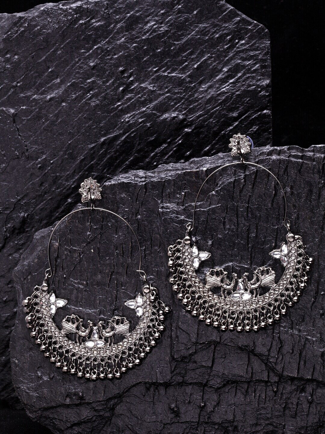 VENI White Contemporary Oxidised White Stone Peacock Chandbali
