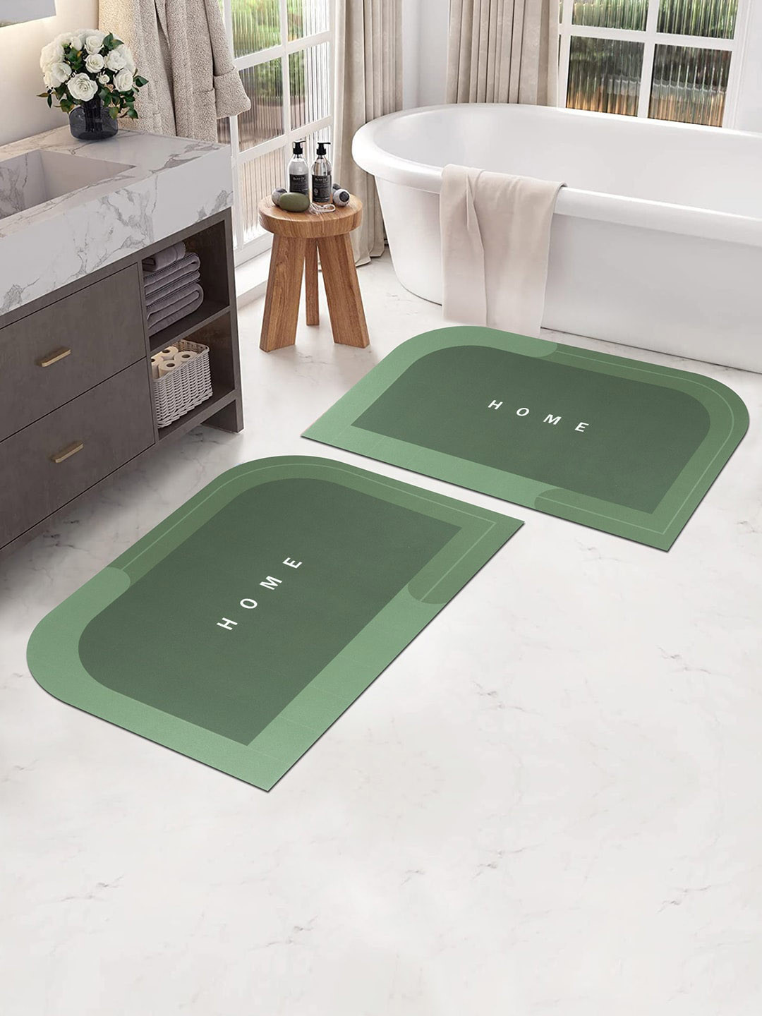 Story@home Pack of 2 Green Solid Anti-Skid Quick Dry Bath & Kitchen Mats