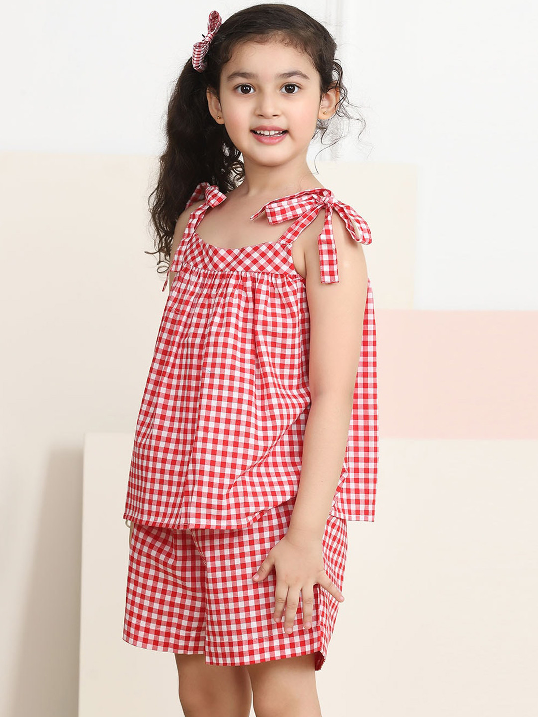 Biglilpeople Unisex Kids Red & White Checked Pure Cotton Top with Shorts