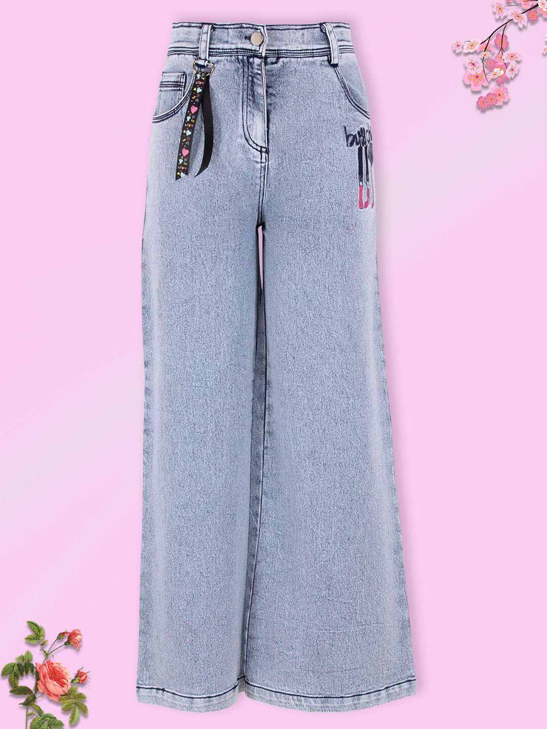 CUTECUMBER Girls Blue Low Distress Embroidered Stretchable Jeans