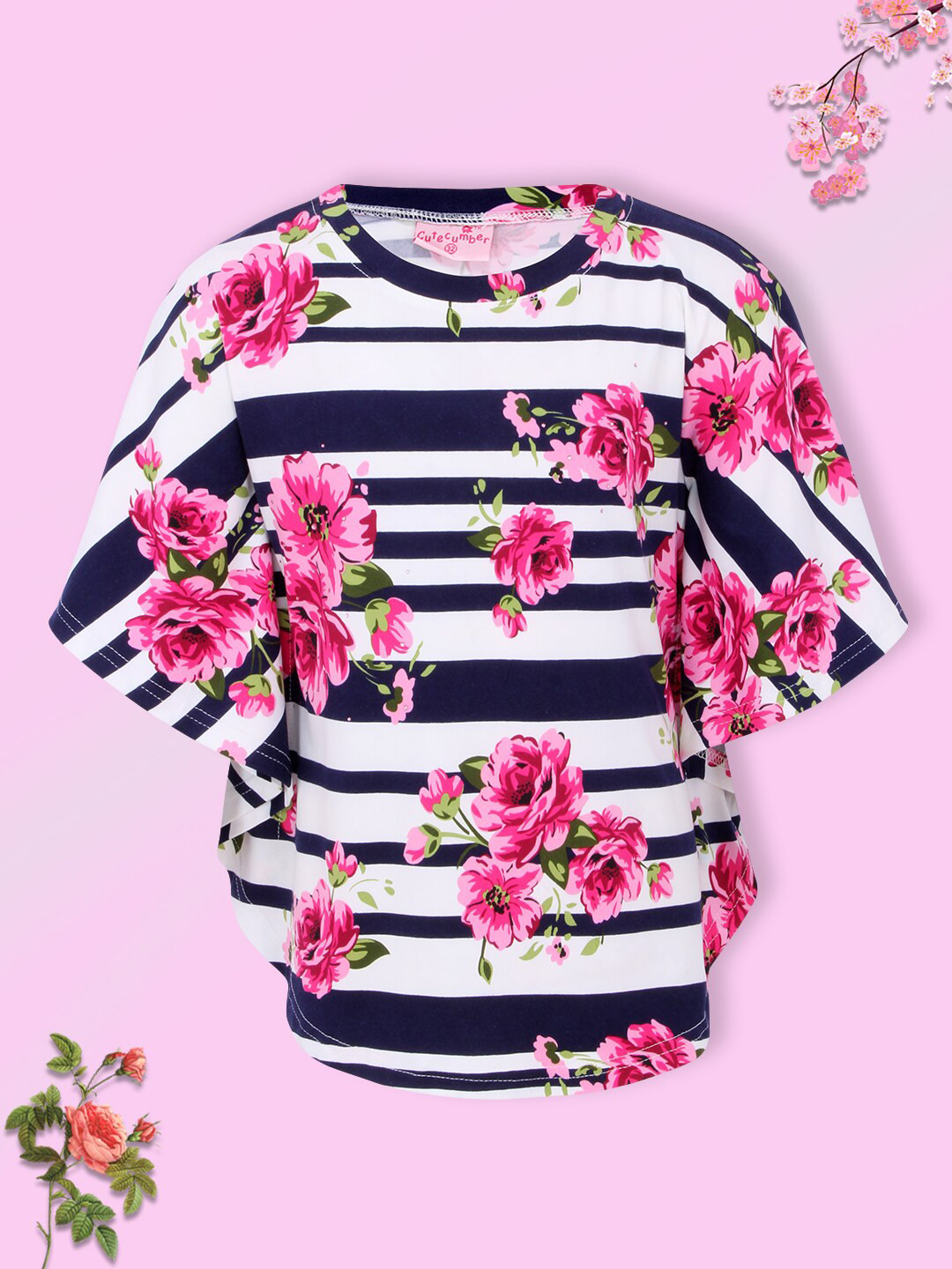 CUTECUMBER Navy Blue Floral Print Applique Kaftan Top