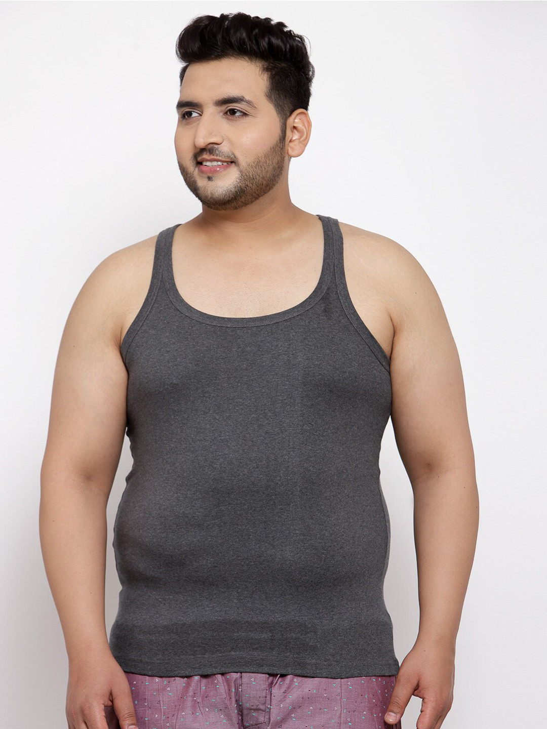 plusS Plus Size Men Charcoal Grey Solid Tank Lounge T-Shirt