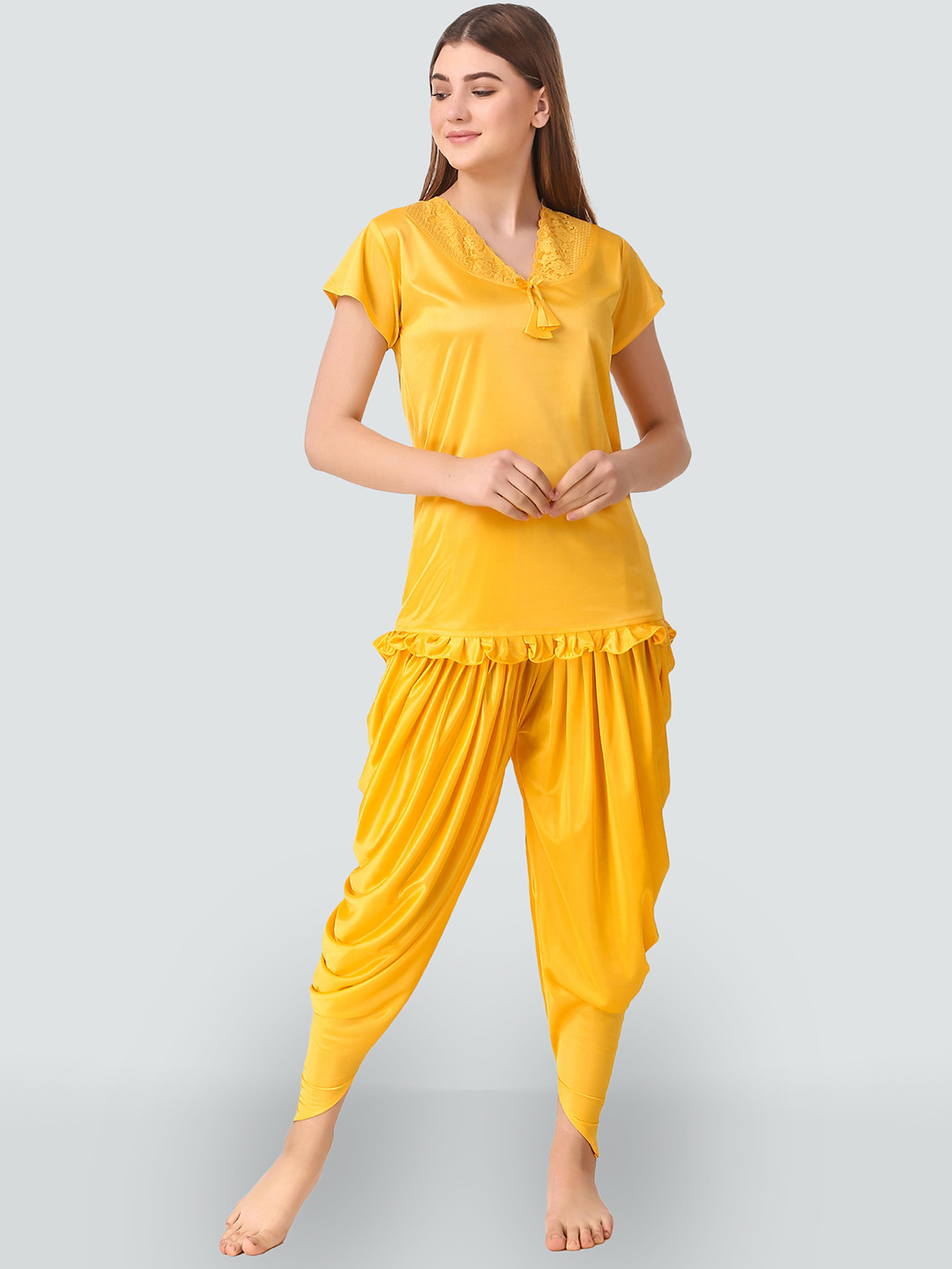 Romaisa Women Yellow Solid Satin Regular length Top with Pyjama