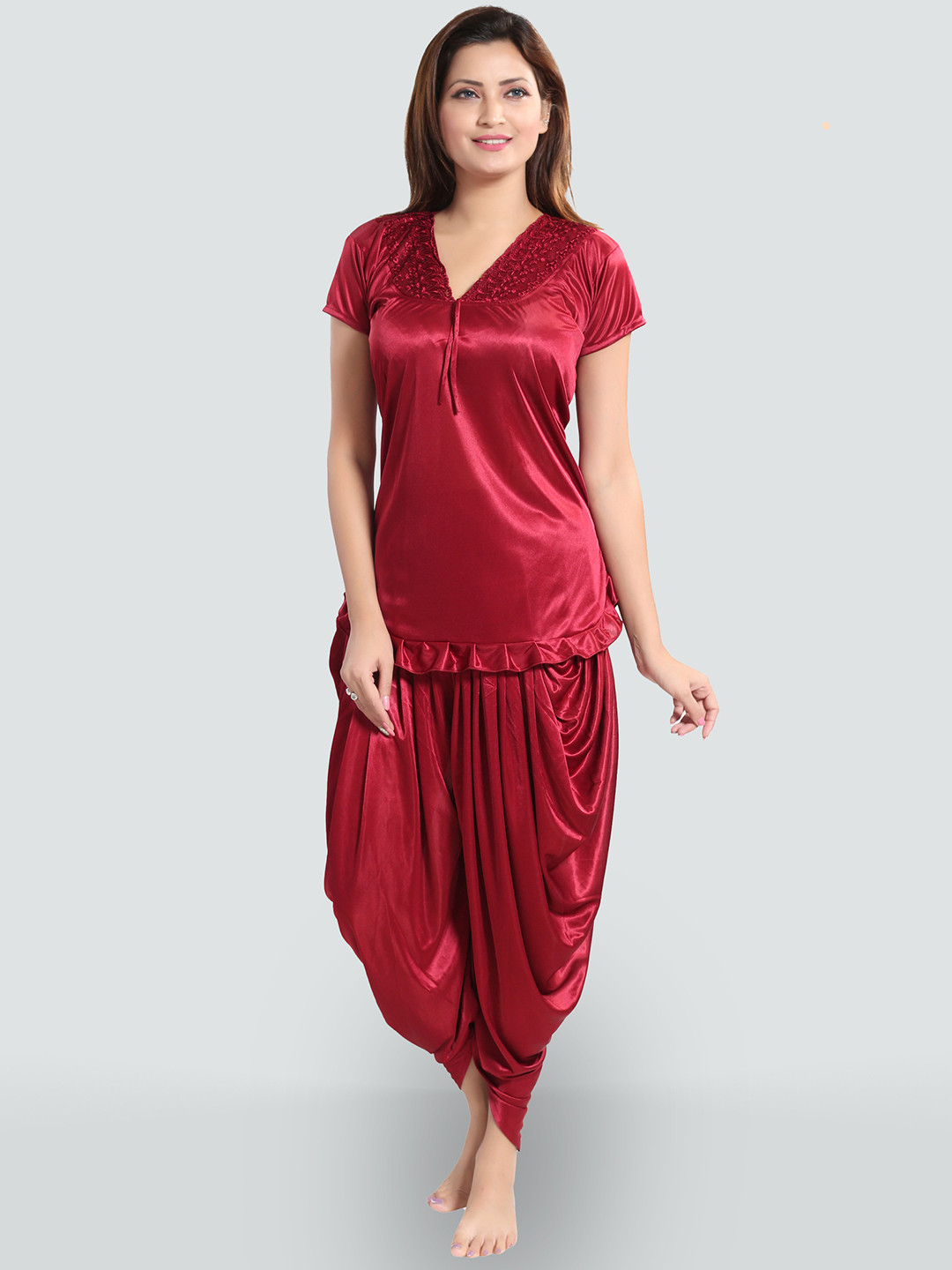 Romaisa Women Maroon Satin Solid Night suit PT145-333-Maroon