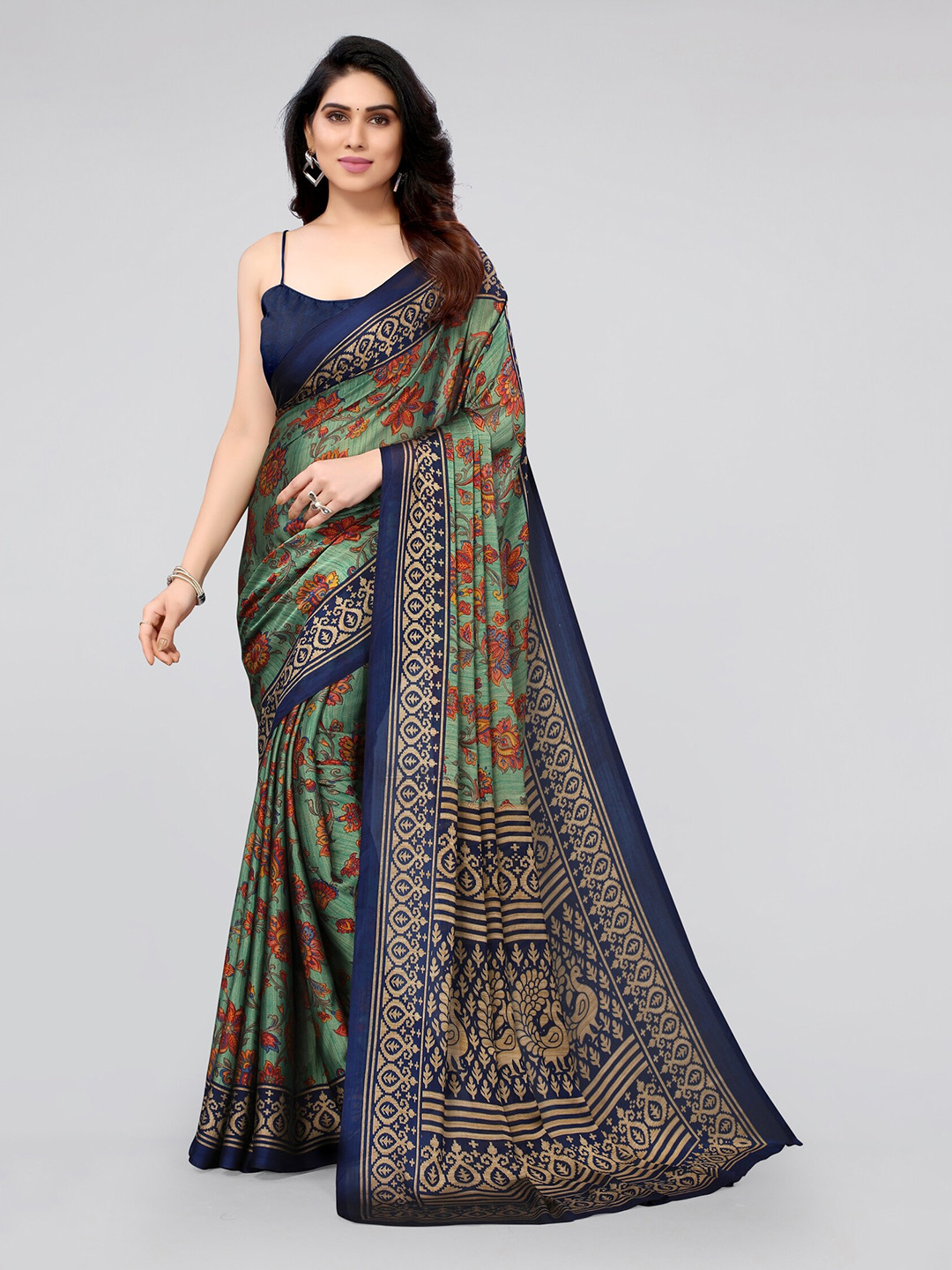 MIRCHI FASHION Sea Green & Blue Floral Saree