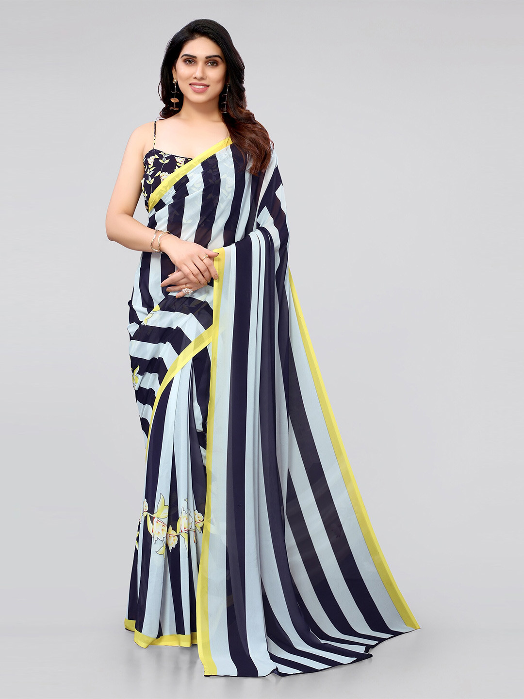 KALINI Blue & Yellow Striped Saree