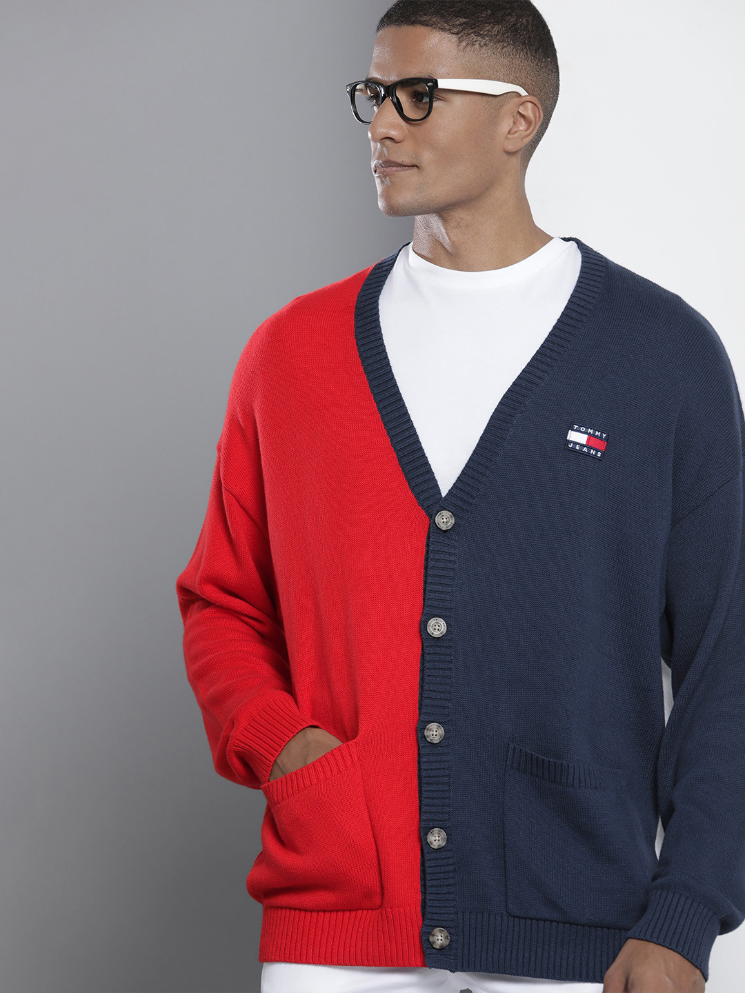 Tommy Hilfiger Men Navy Blue & Red SKATER ARCHIVE Colourblocked Pure Cotton Cardigan