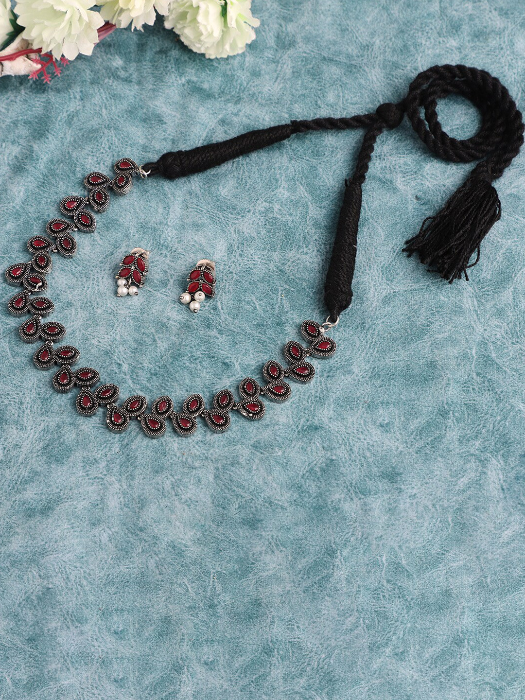 VENI Red Silver-Plated Ruby AD Oxidised Choker Jewellery Set