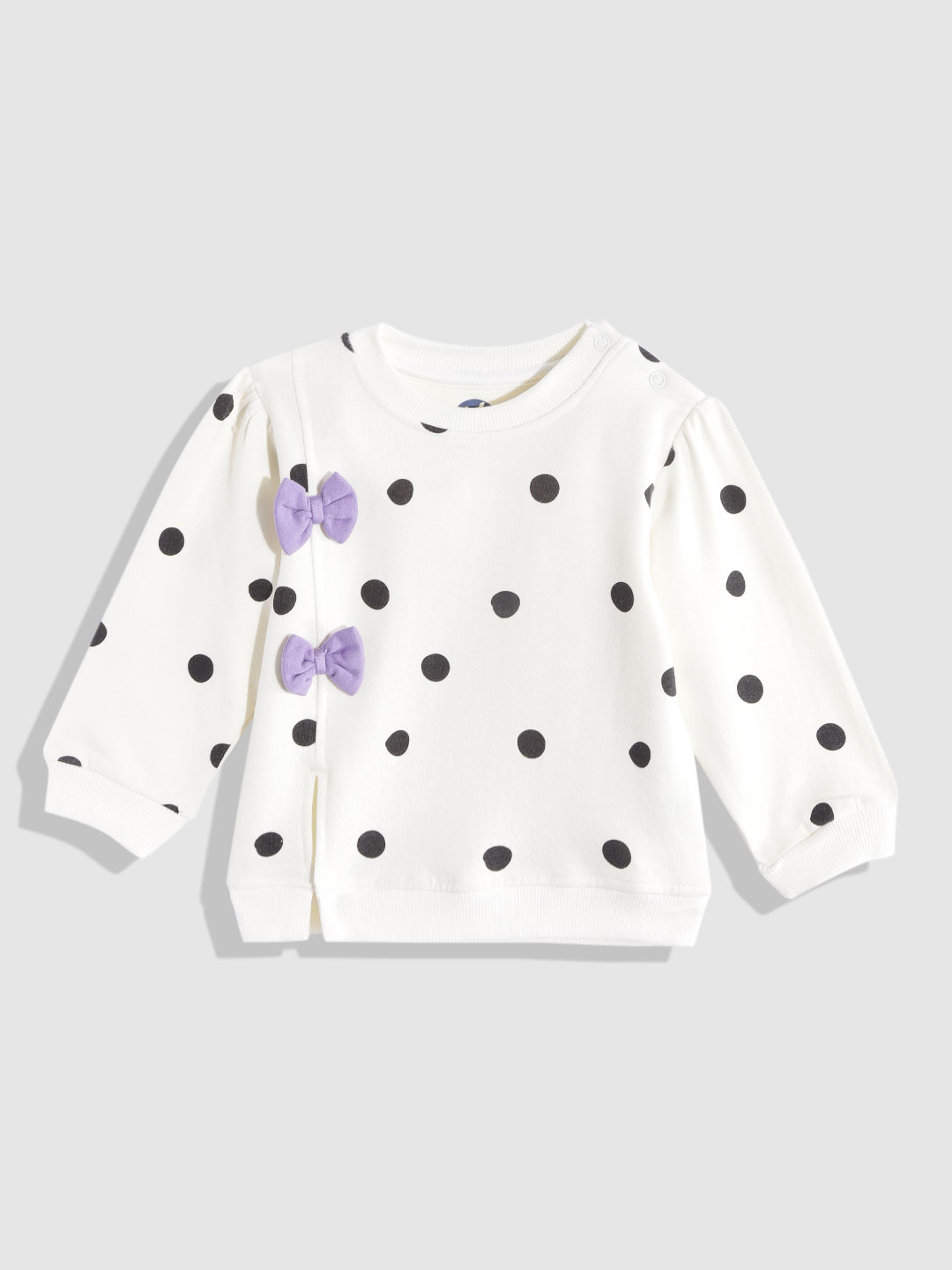 YK Girls Off White & Black Polka Dot Print Top with Bow Detail