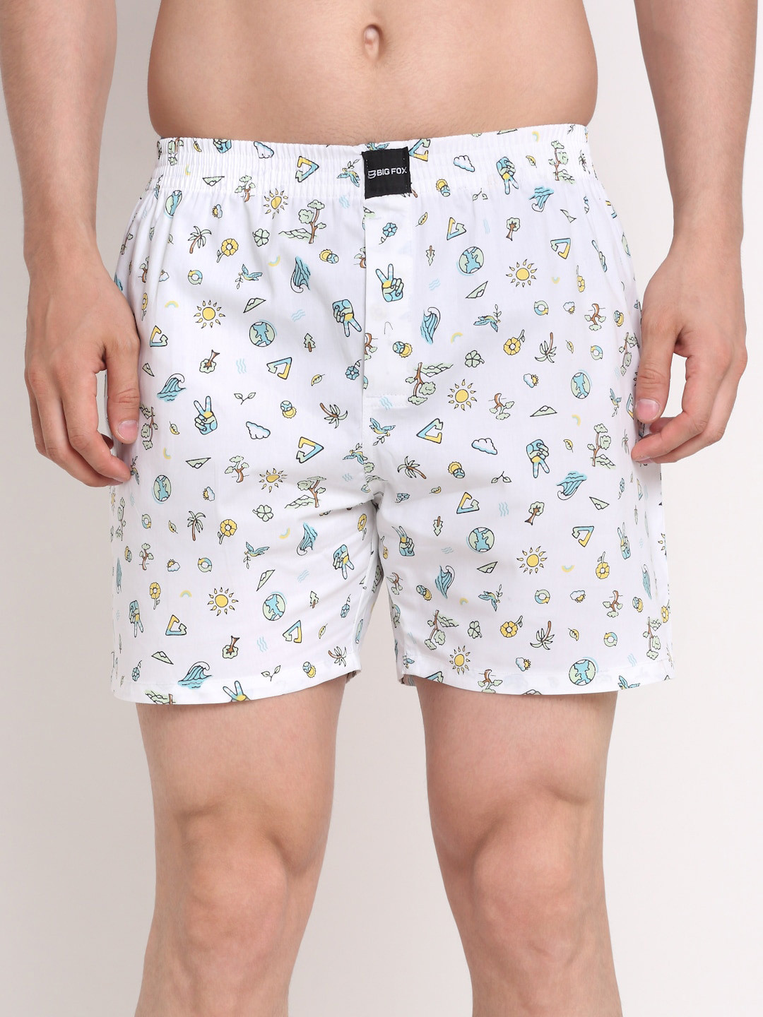 Big Fox Men White Printed Pure Cotton Boxers