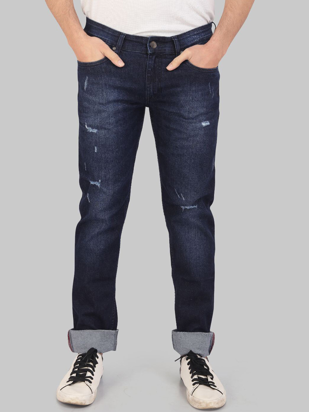 ROCKING SWAMY Men Blue Slim Fit Mildly Distressed Light Fade Stretchable Jeans