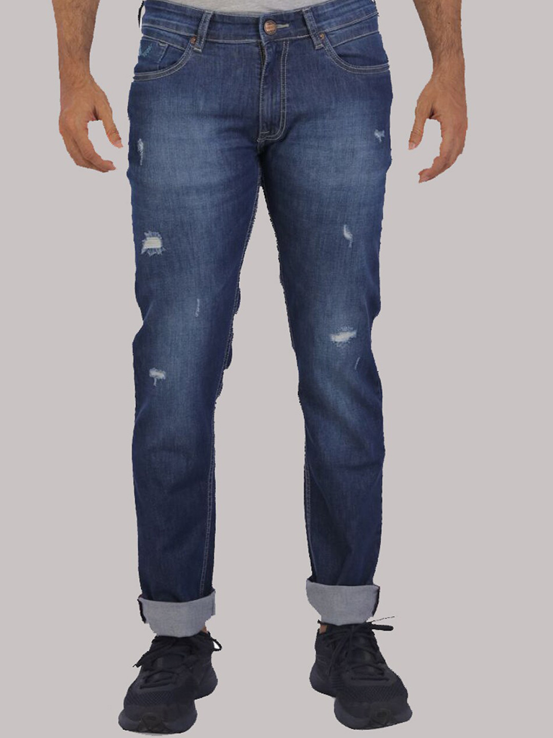 ROCKING SWAMY Men Blue Slim Fit Low Distress Light Fade Stretchable Jeans