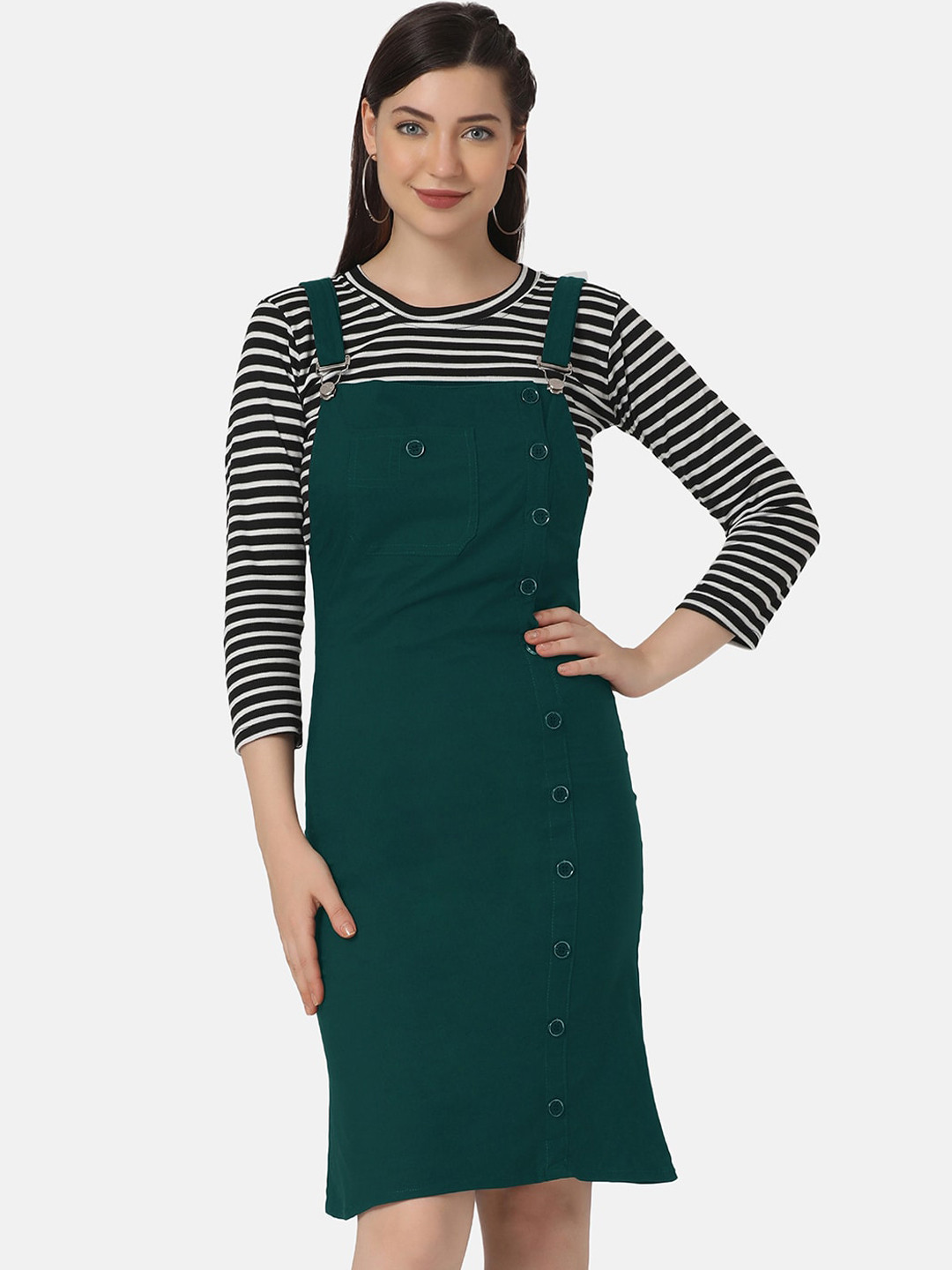 BUY NEW TREND Women Green Solid Dungarees With Top