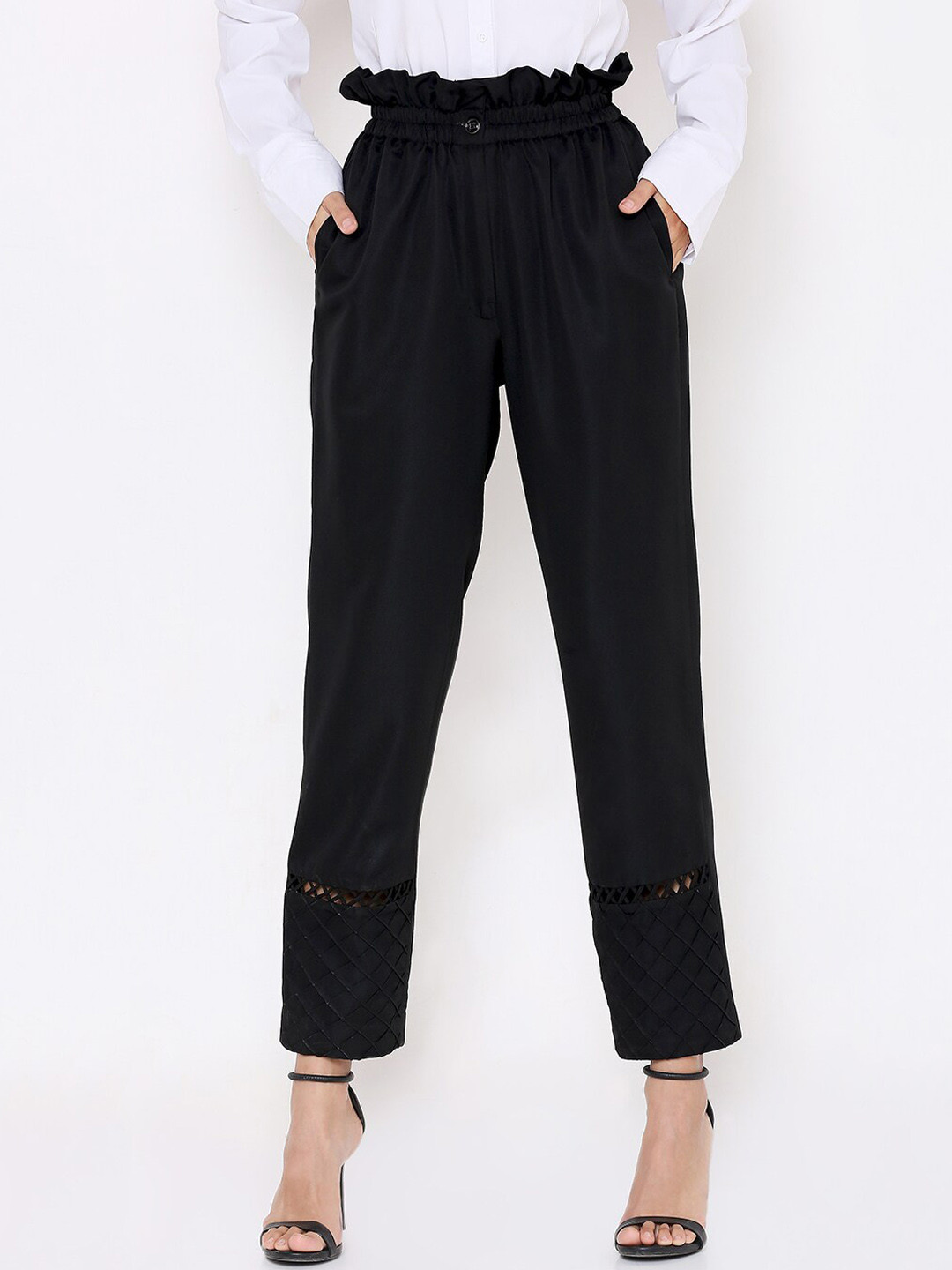 aturabi Women Black Relaxed High-Rise Pleated Trousers