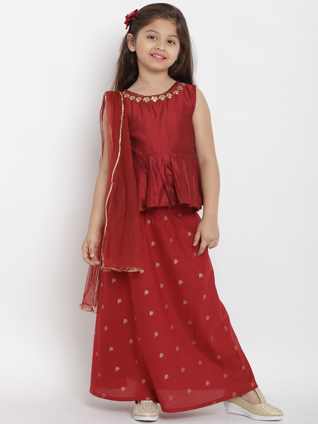 Bitiya by Bhama Girls Maroon & Gold-Toned Top & Skirt dupatta