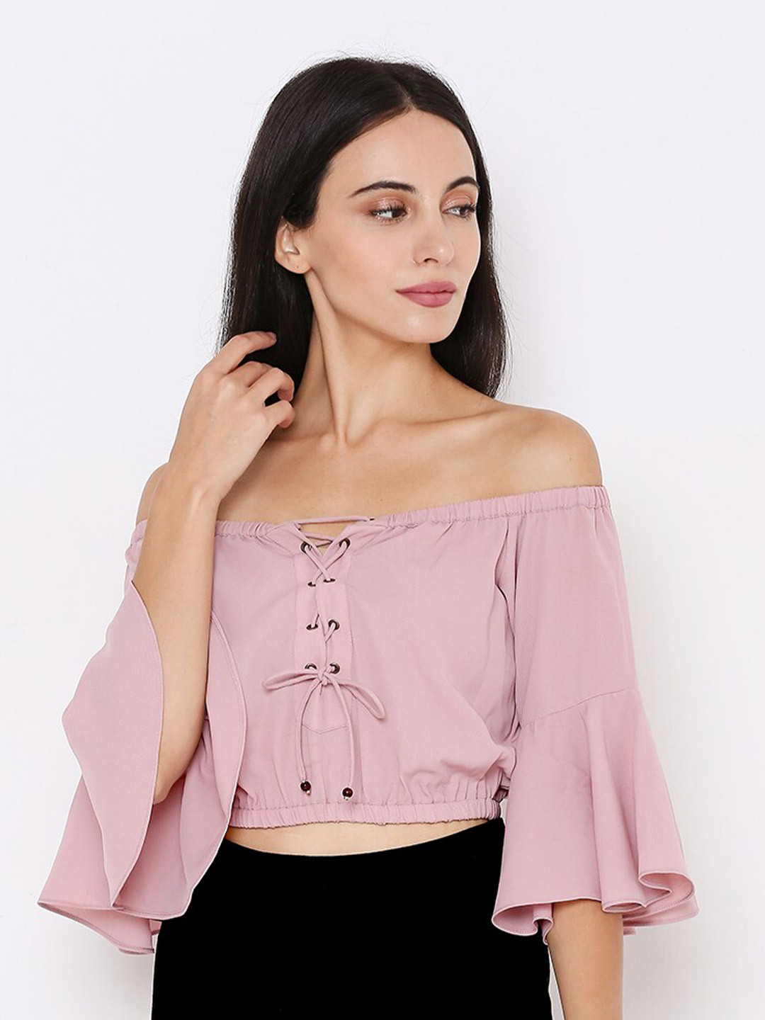aturabi Pink Off-Shoulder Bardot Crop Top