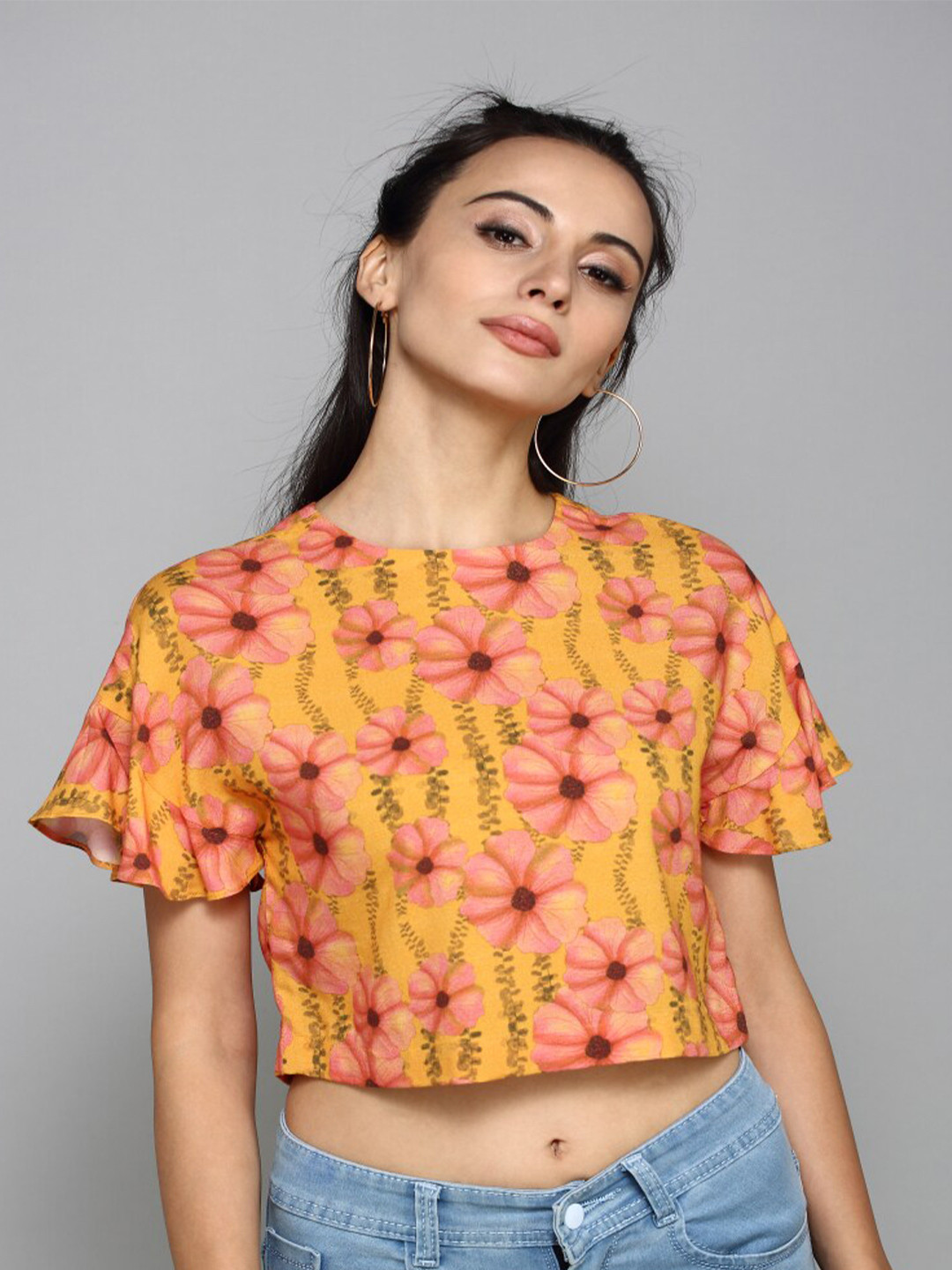 aturabi Orange Floral Print Crop Top