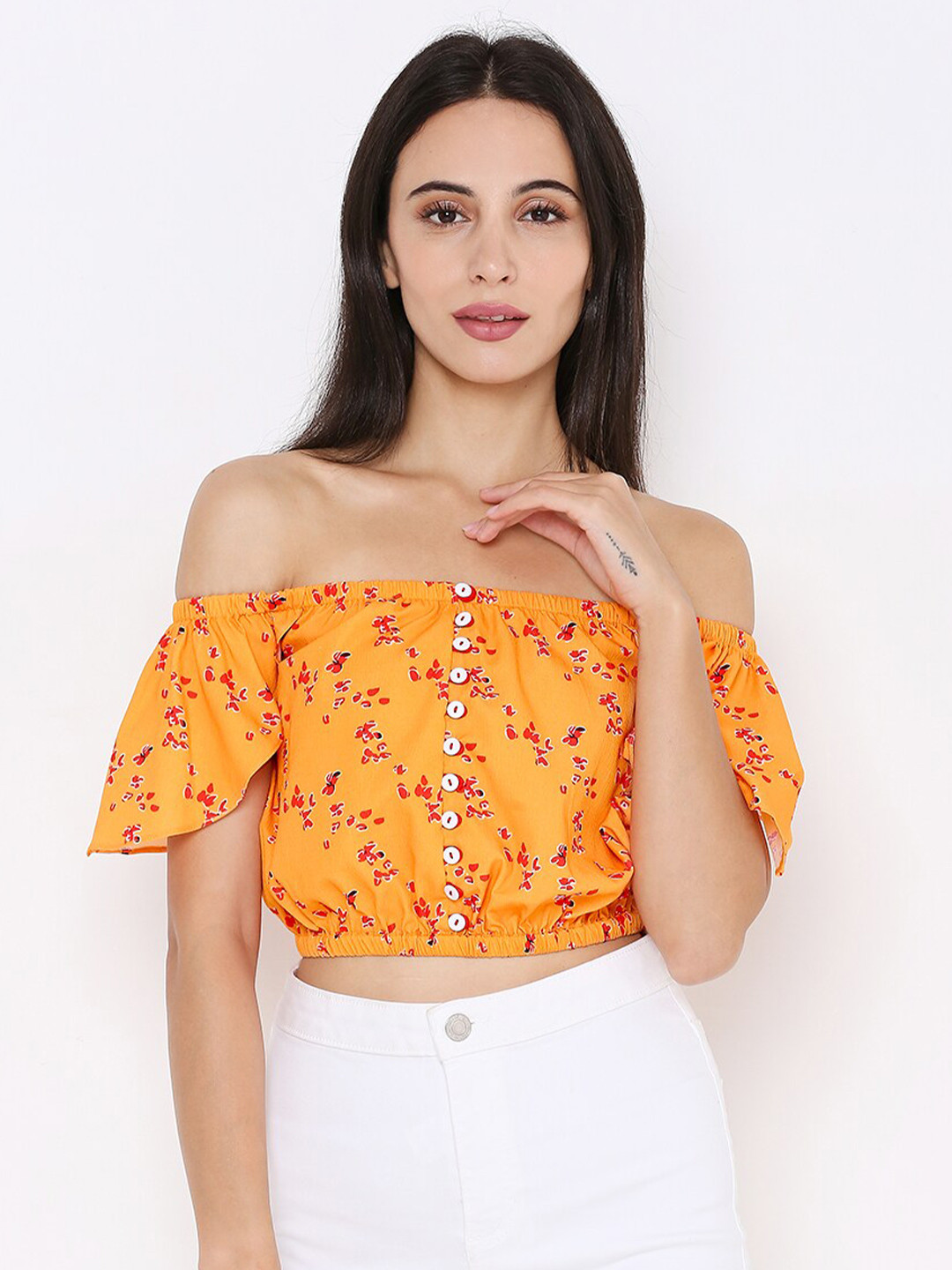 aturabi Yellow Floral Print Off-Shoulder Bardot Crop Top