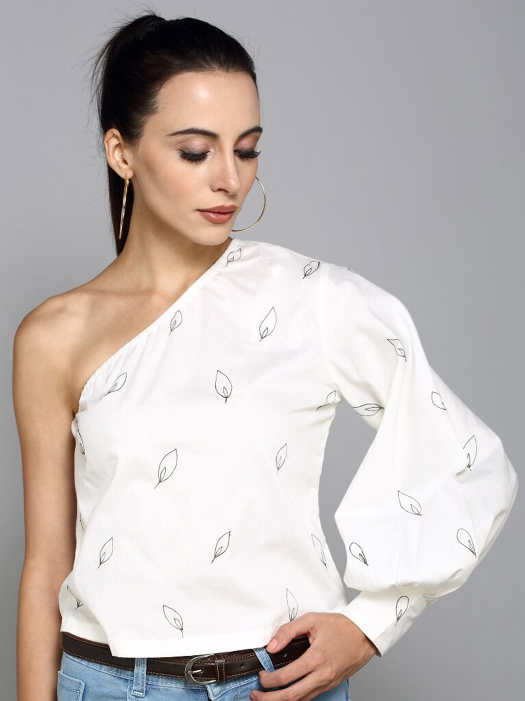 Aturabi Women White Floral Print One Shoulder Bishop Sleeves Pure Cotton Crop Top