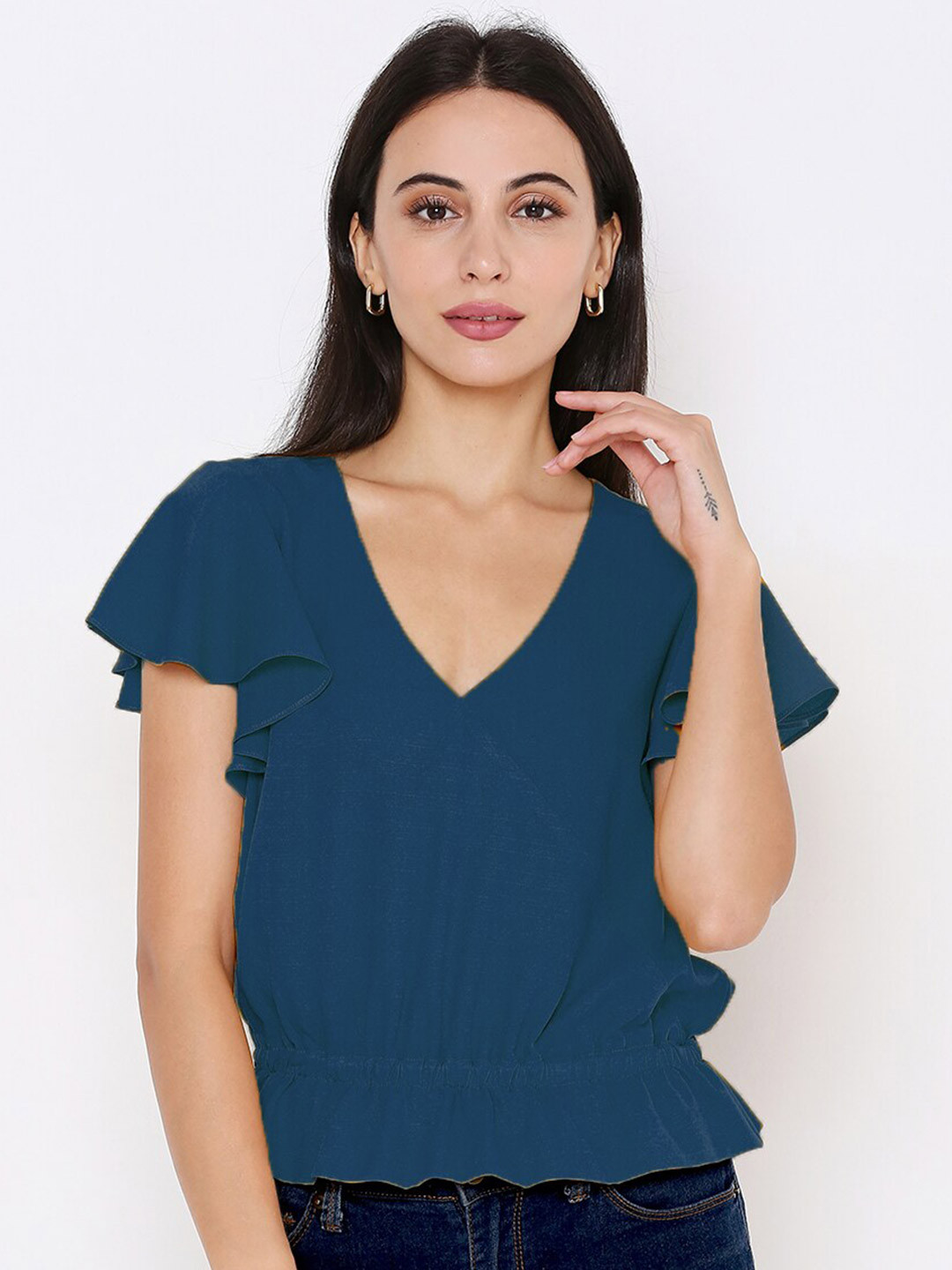aturabi Women Navy Blue V-Neck Top