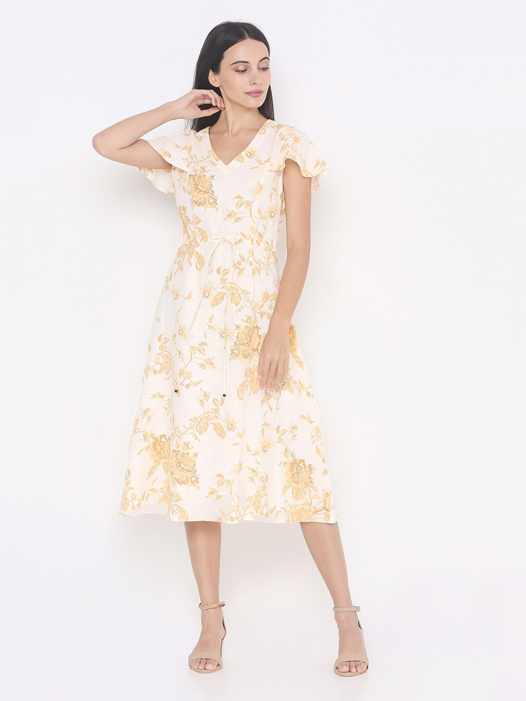 aturabi Off White Floral Linen A-Line Midi Dress