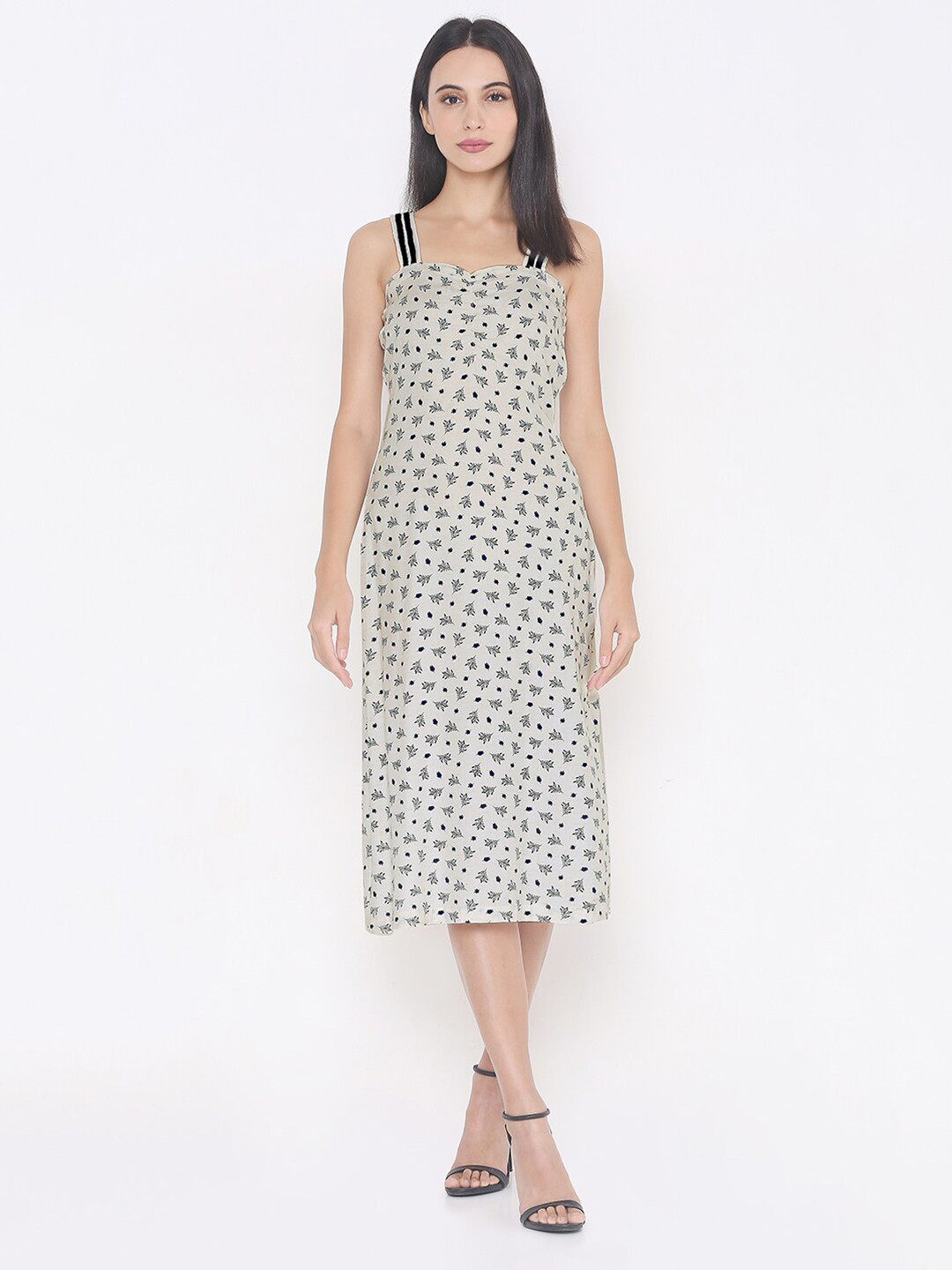 Aturabi Off White Floral Print A-Line Midi Dress